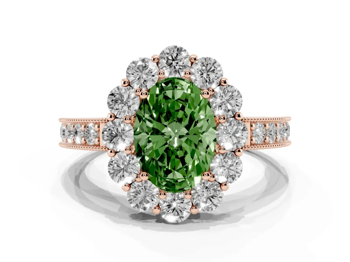 Fancy Green Oval Cut Cut Halo Diamond Pavé Engagement Ring with Milgrain Detailing Rose gold