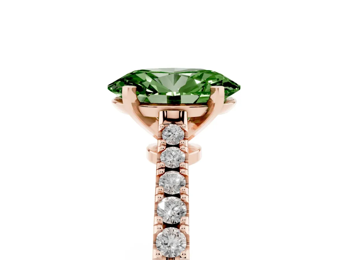 Fancy Green Oval Cut Cut Solitaire Diamond Engagement Ring with Pave Band and Four-Prong Setting Rose gold