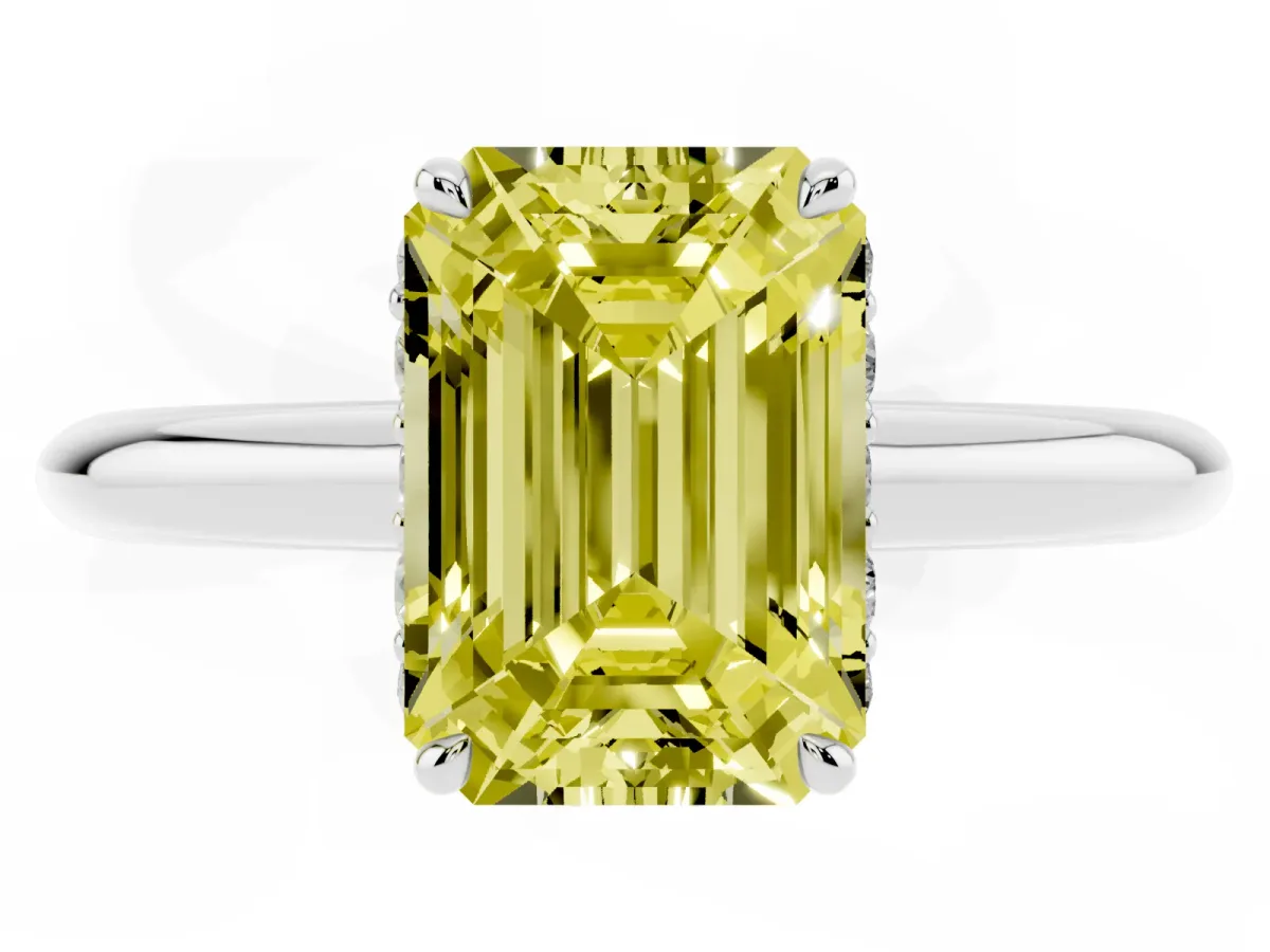 Fancy Yellow Emerald Cut Brilliant Solitaire Engagement Ring with Six-Prong Setting and Classic Band Platinum