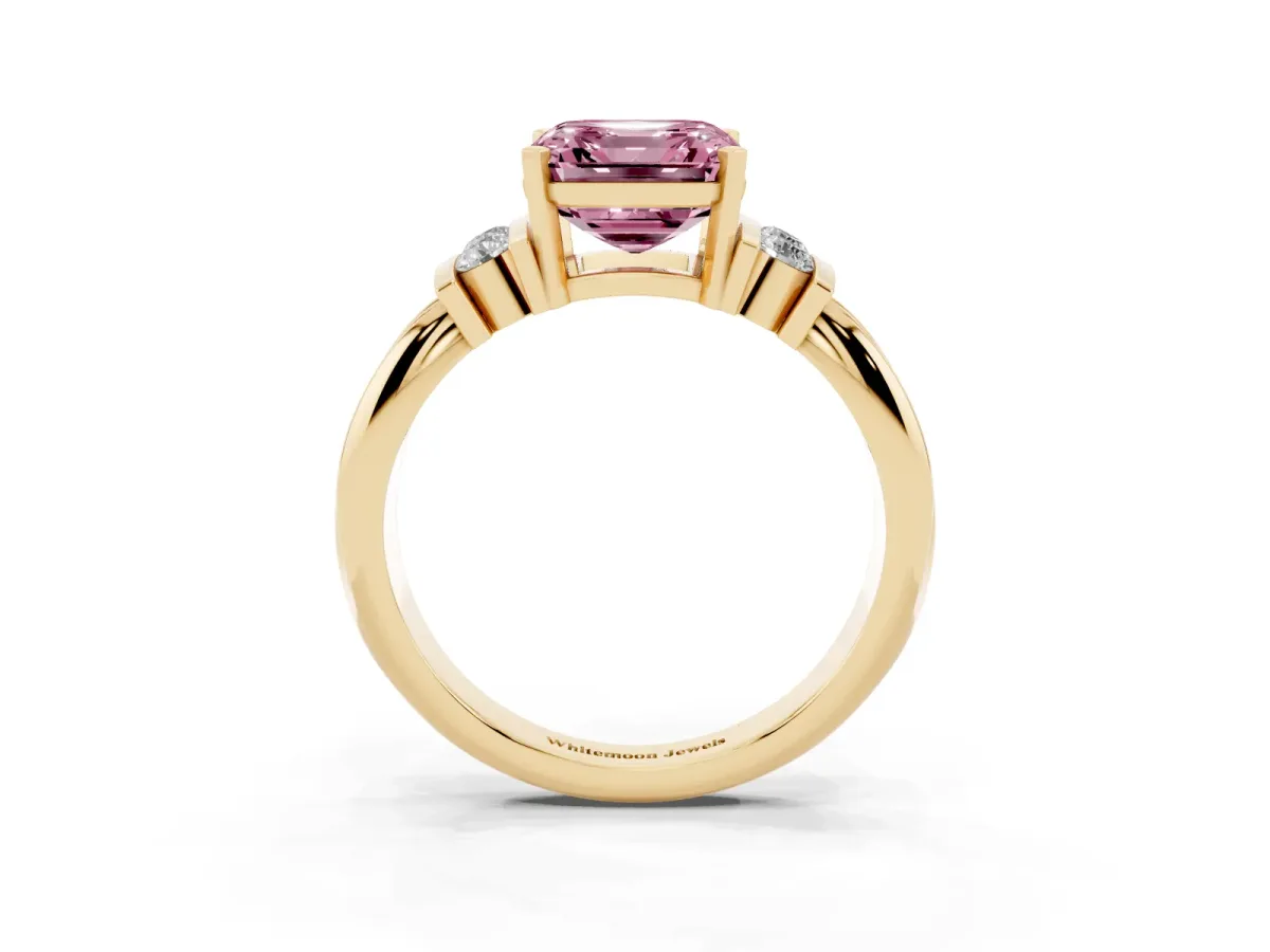 Fancy Pink Asscher Cut Cut Three-Stone Channel Set Ring with Bar Prongs Yellow gold