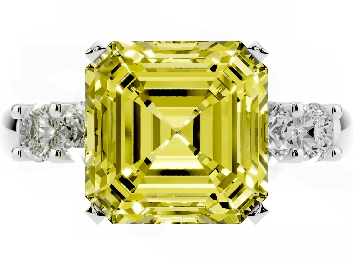 Fancy Yellow Asscher Cut Brilliant Cut Diamond Five-Stone Prong Set Engagement Ring with Channel Band Platinum
