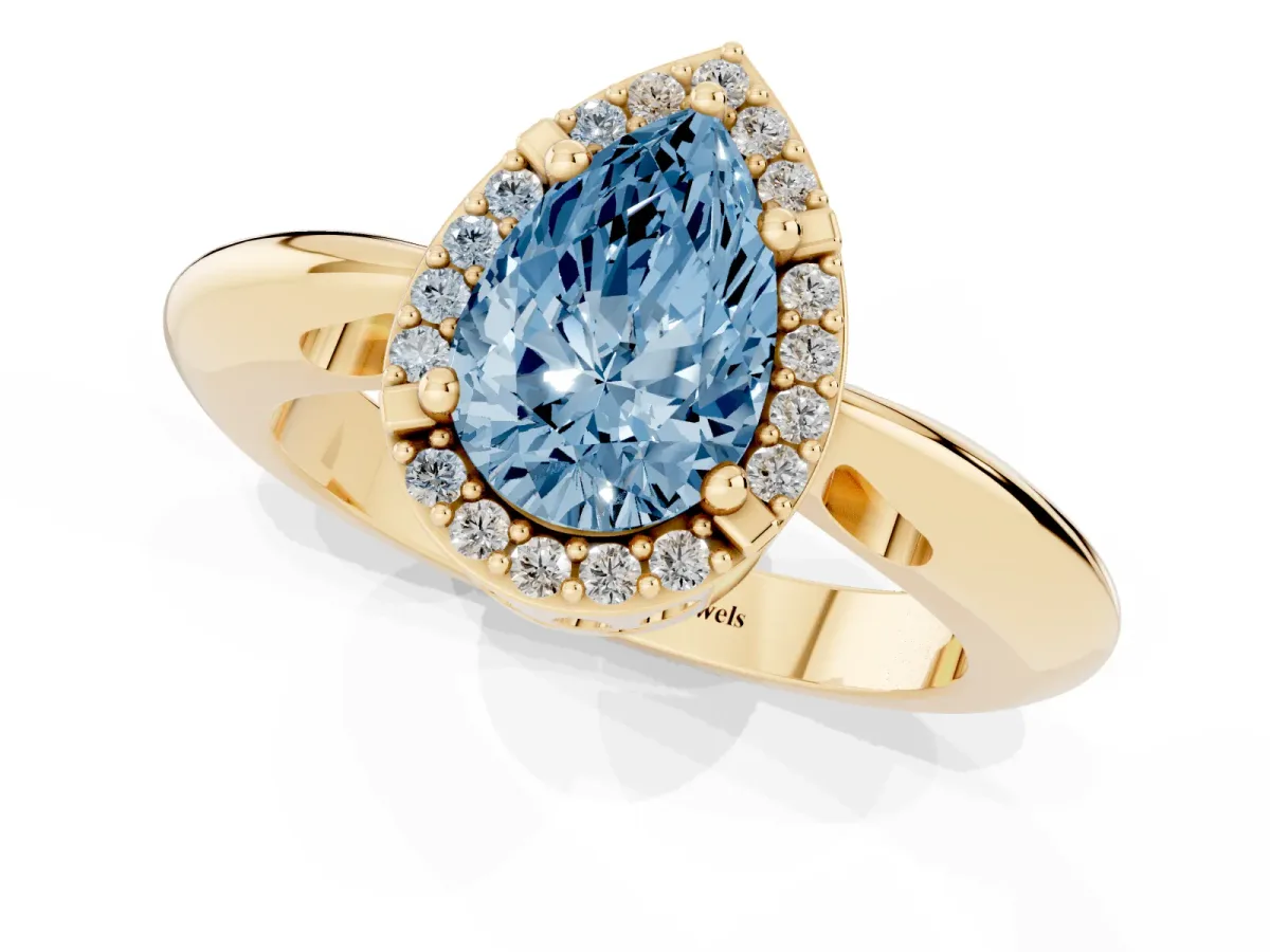 Fancy Blue Pear Cut Cut Diamond Halo Engagement Ring with Split Shank and Four-Prong Setting Yellow gold