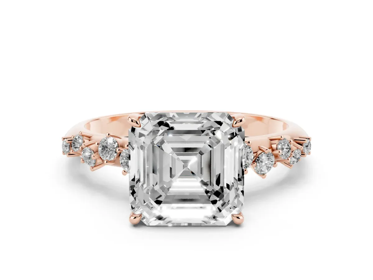 Asscher Cut Diamond Cluster Side Stone Solitaire Ring with Prong Setting Rose gold