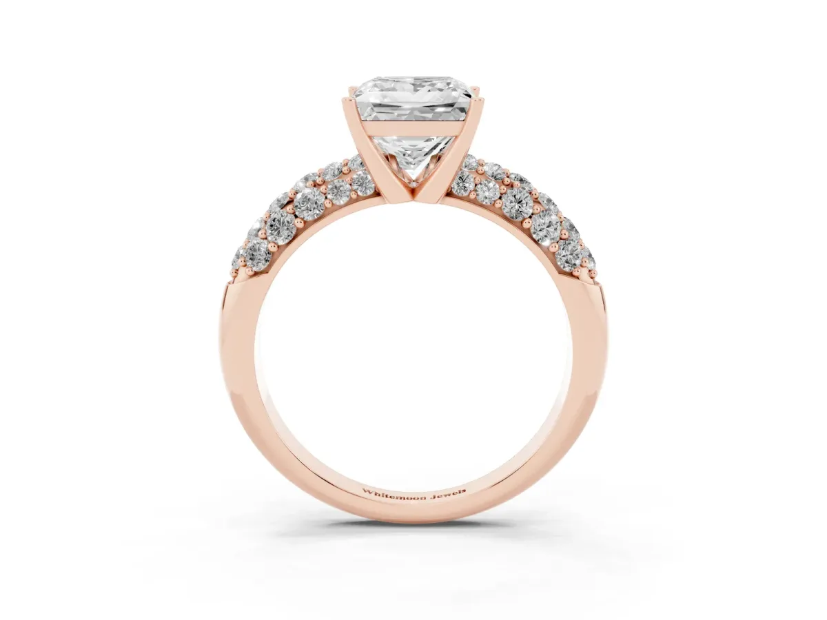 Princess Cut Diamond Pavé Band Solitaire Ring with Four-Prong Setting Rose gold