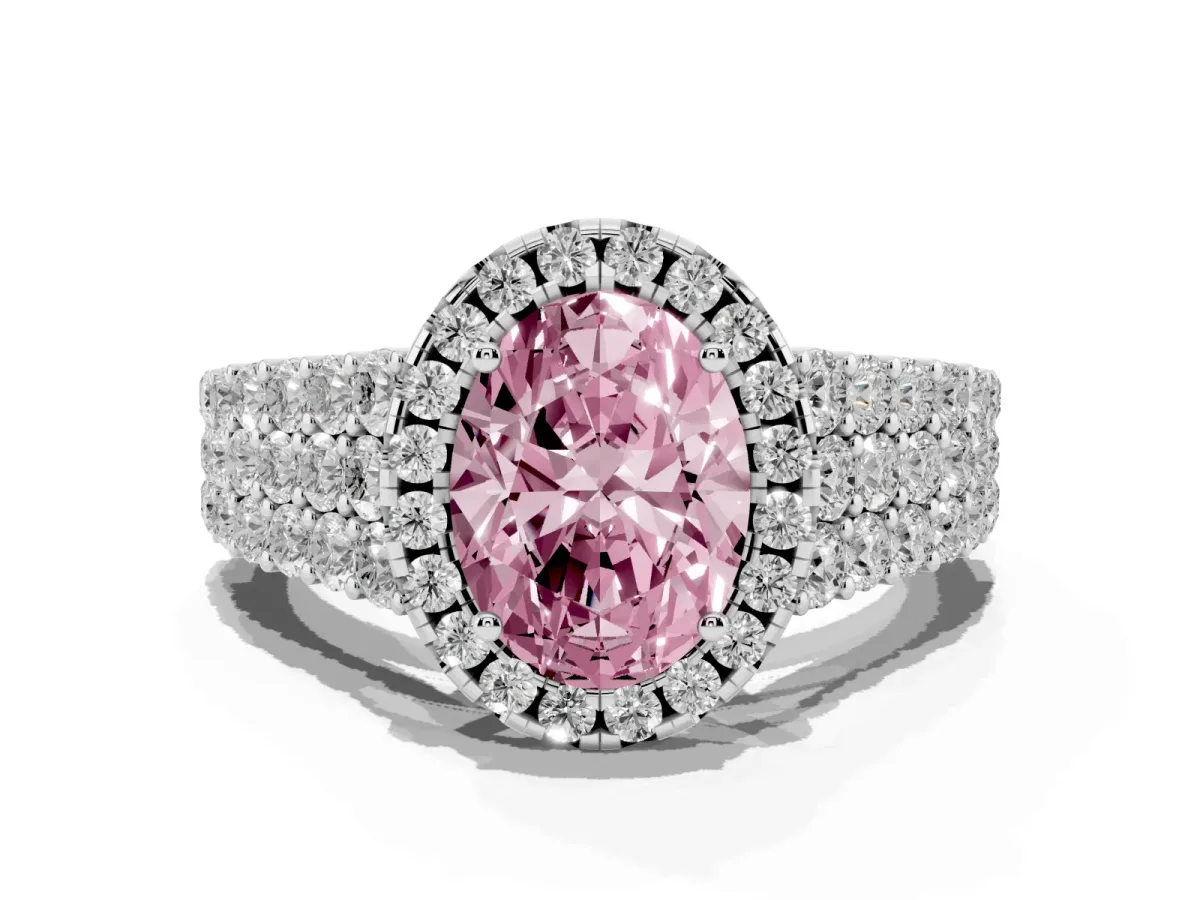 Fancy Pink Oval Cut Diamond Halo Engagement Ring with Triple Row Round Pavé Band and Prong Setting Platinum