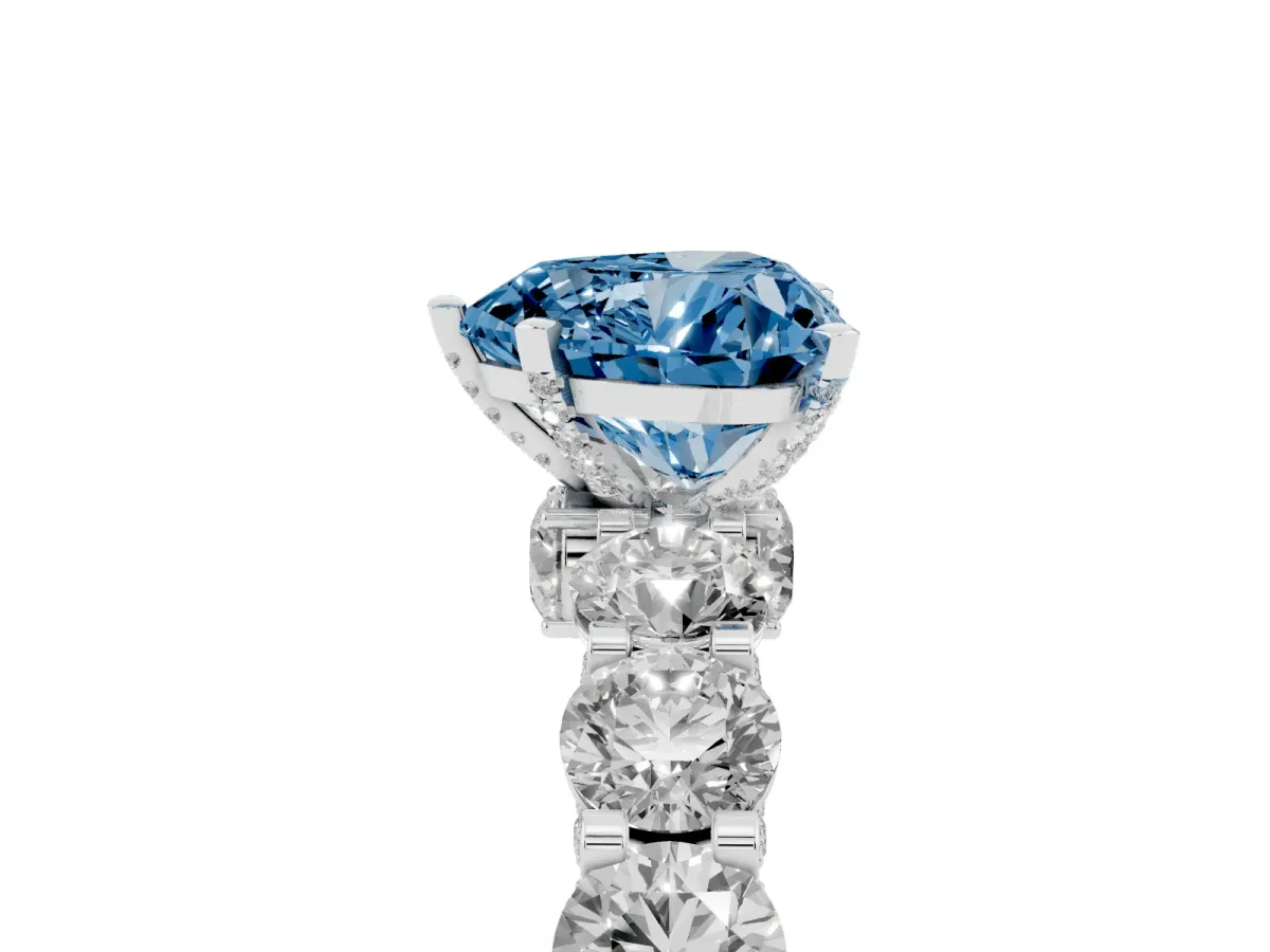 Fancy Blue Heart Cut Diamond Side Stone Engagement Ring with Four-Prong Setting White gold