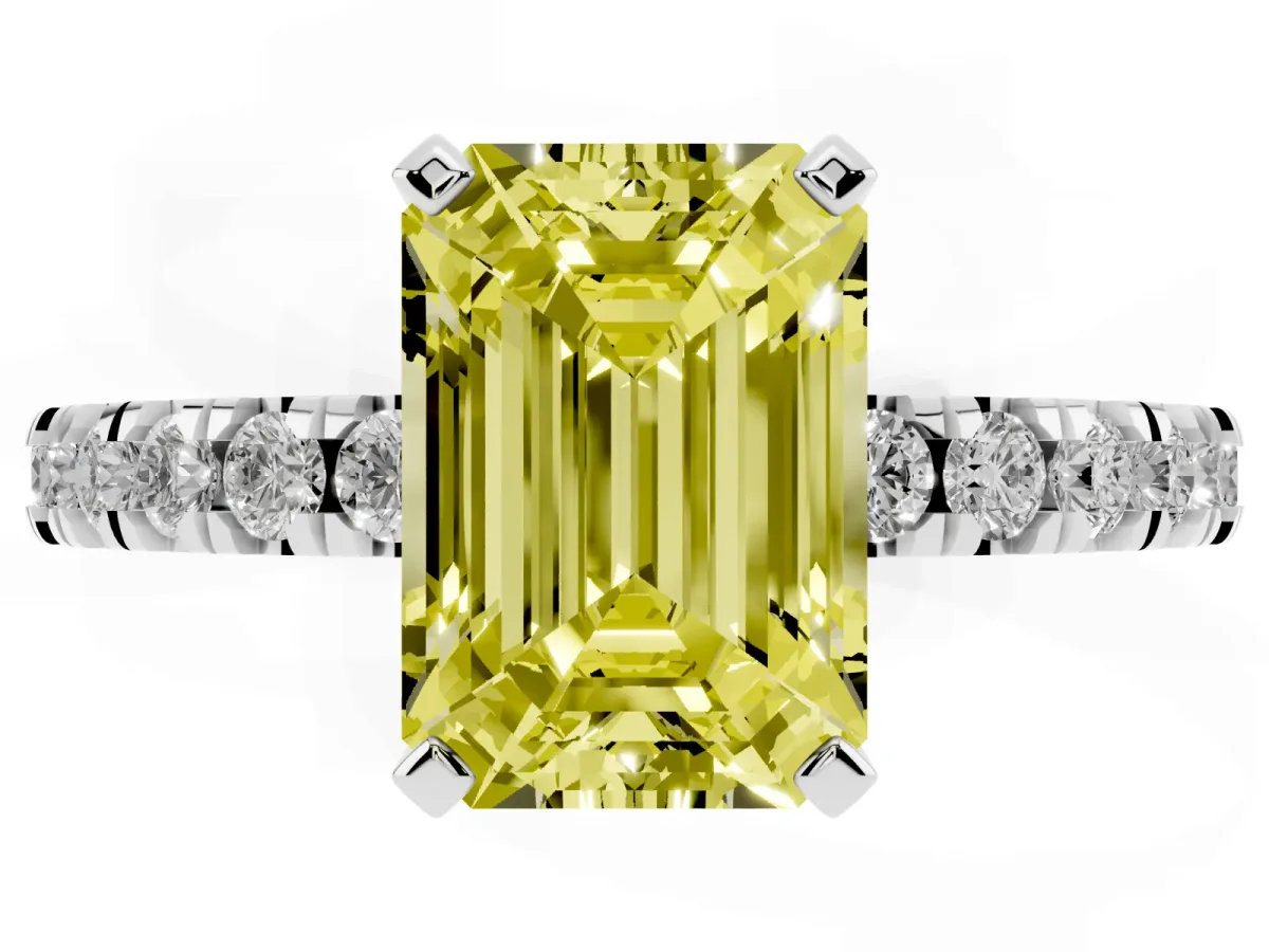 Fancy Yellow Emerald Cut Diamond Pavé Band Solitaire with Four-Prong Setting Silver