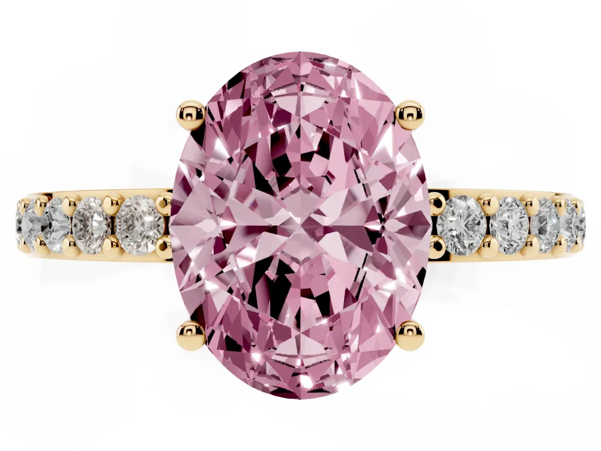 Fancy Pink Oval Cut Cut Diamond Solitaire with Pave Band and Four-Prong Setting Yellow gold