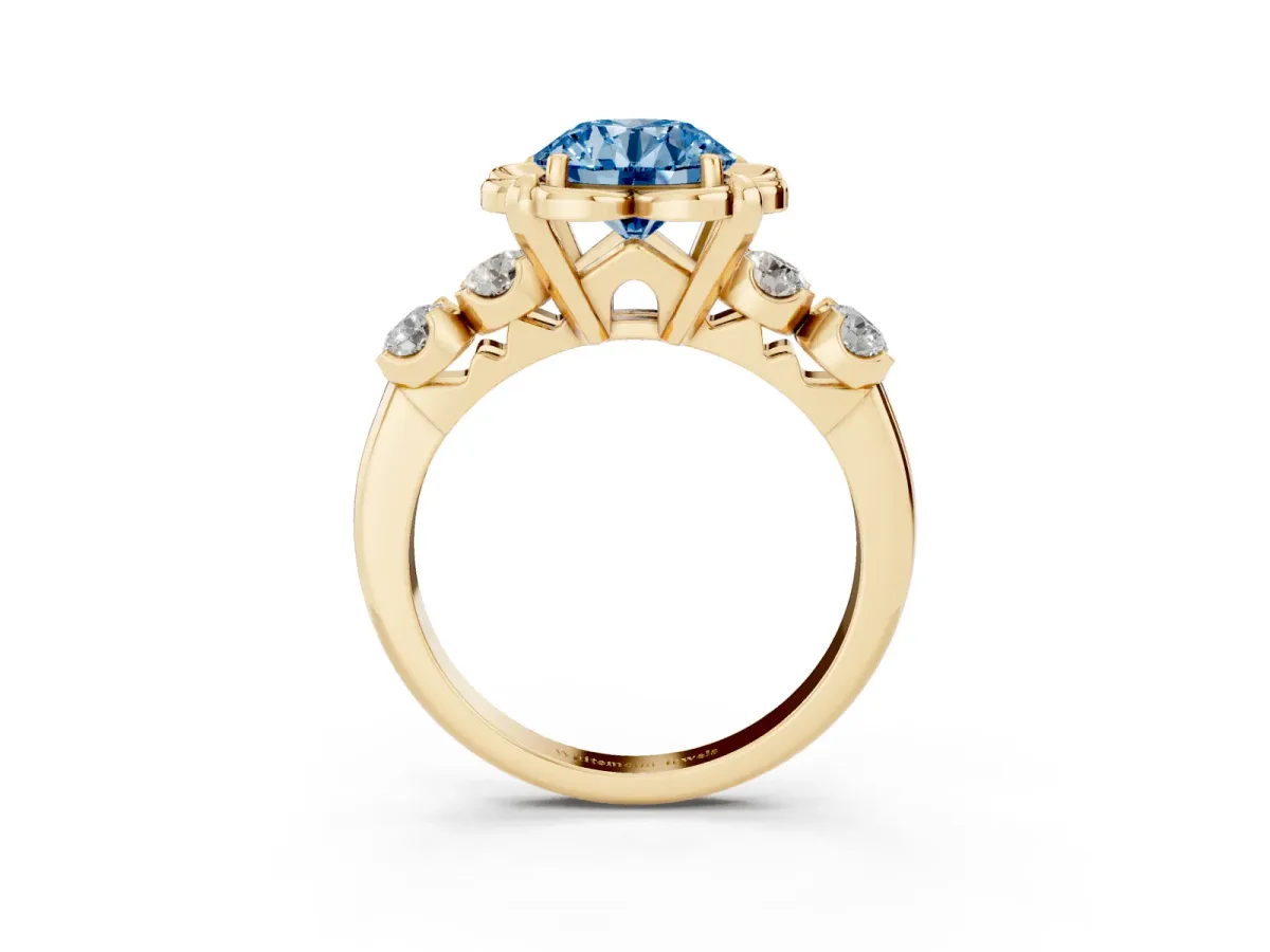Fancy Blue Round Cut Cut Diamond Floral Halo Engagement Ring with Shared Prong Setting Yellow gold