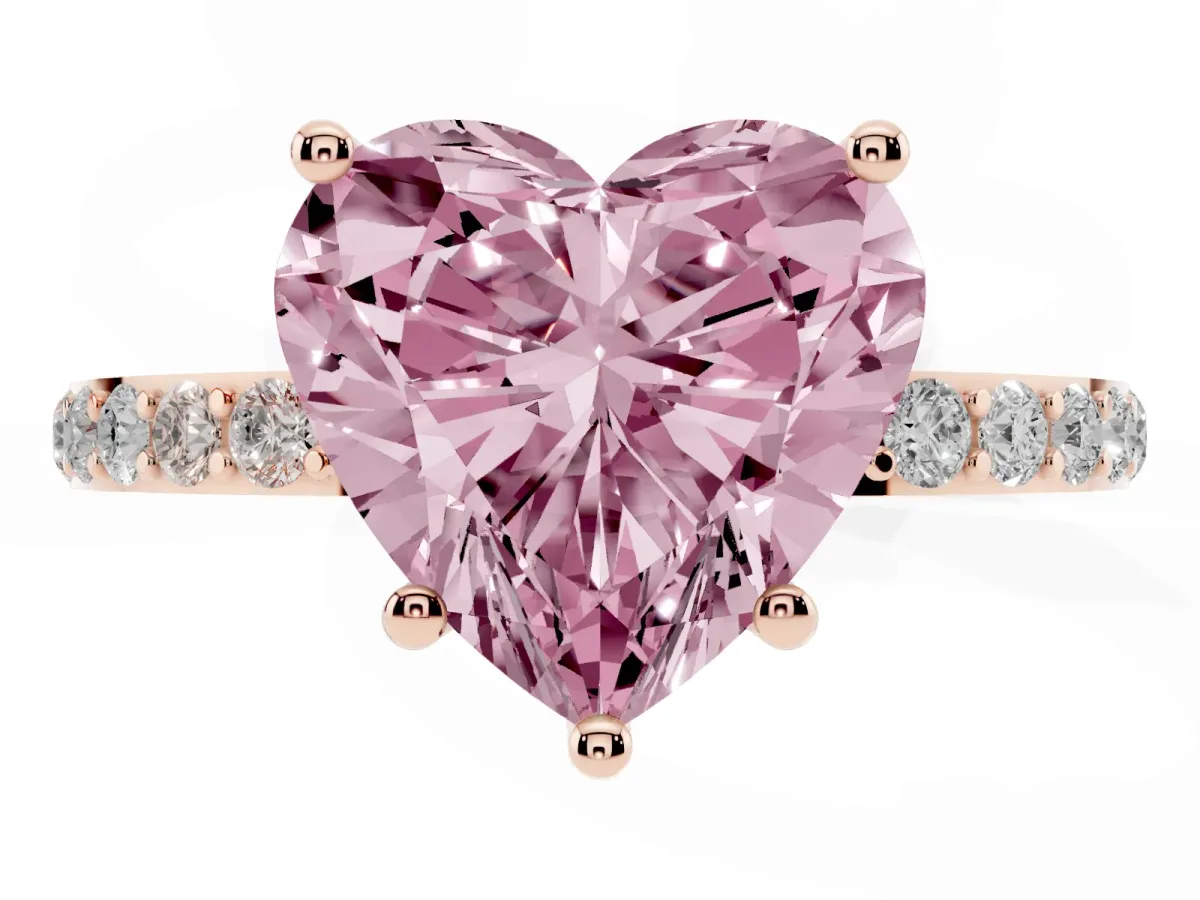 Fancy Pink Heart Cut Diamond Solitaire Ring with Round Pavé Shoulders and Prong Setting Rose gold