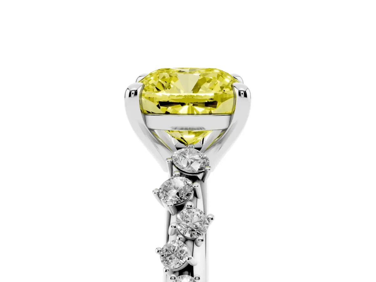 Fancy Yellow Cushion Cut Cut Diamond Vine Band with Four-Prong Setting Platinum