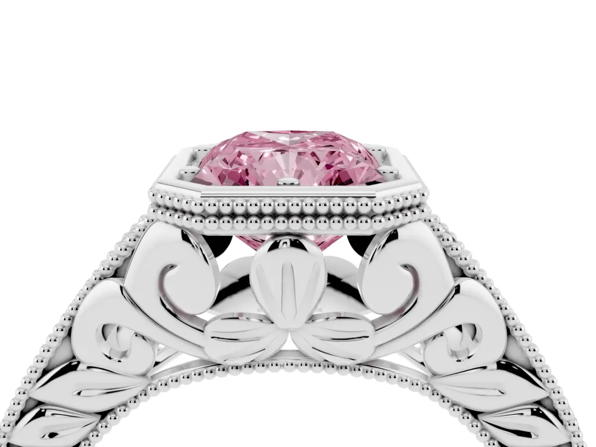 Fancy Pink Bezel Set Radiant Cut Diamond Milgrain Pave Engagement Ring Silver