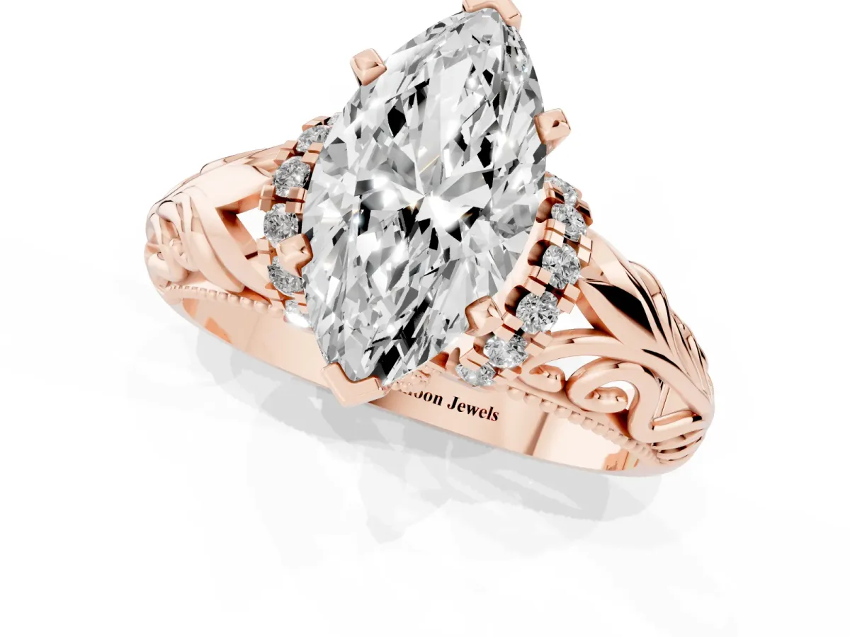 Marquise Cut Solitaire Filigree Engagement Ring with Halo and Prong Setting Rose gold