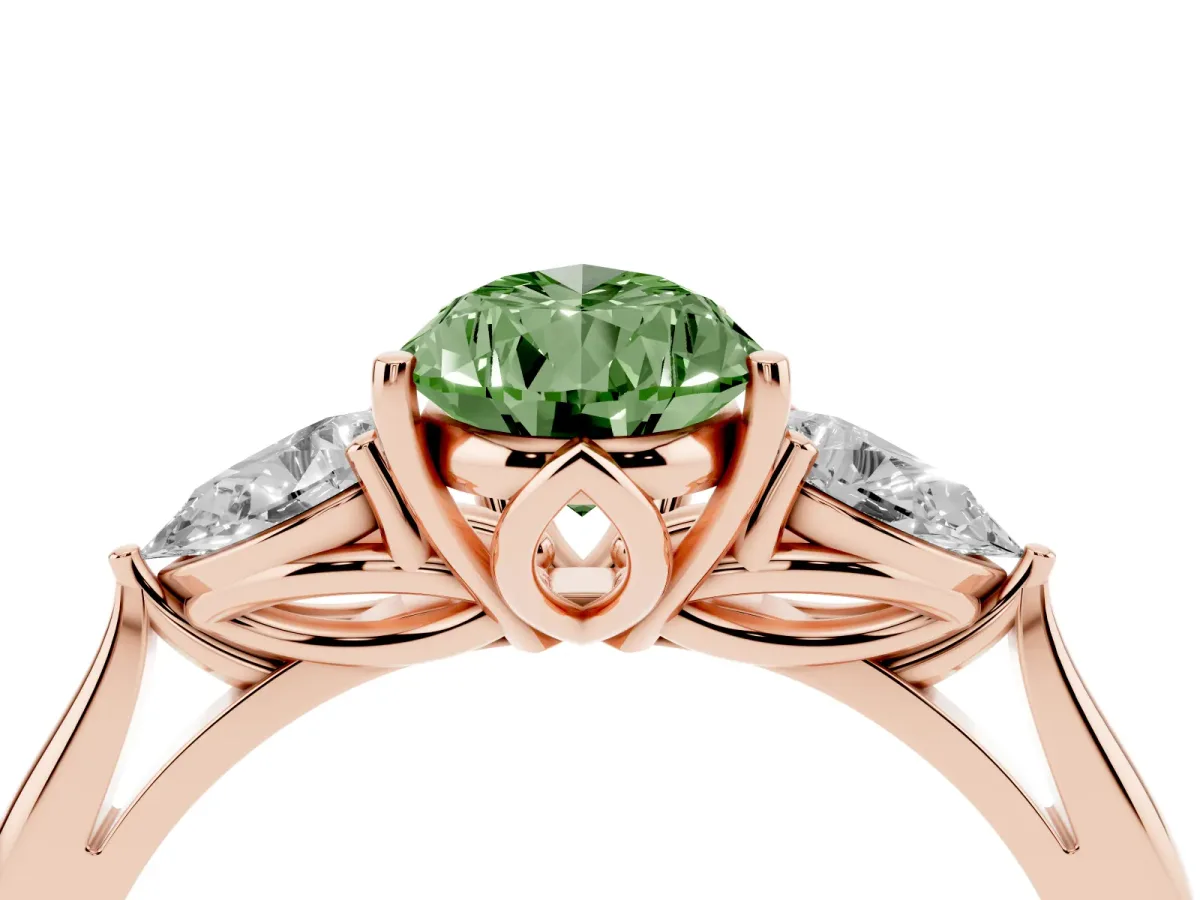 Fancy Green Pear Cut Diamond Three-Stone Ring with Pear Side Stones and Prong Setting Rose gold