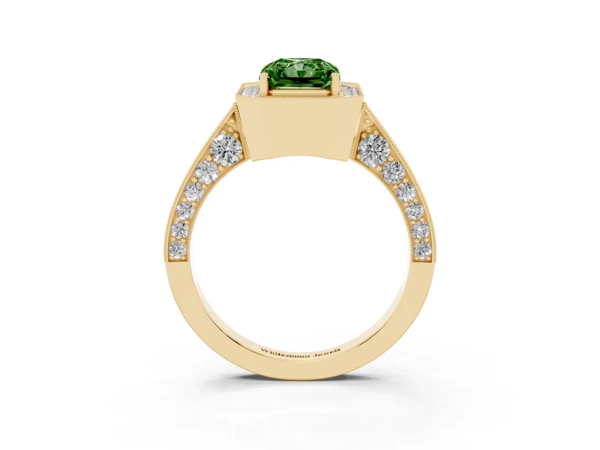 Fancy Green Radiant Cut Halo Diamond Engagement Ring with Split Shank Band and Four-Prong Setting Yellow gold