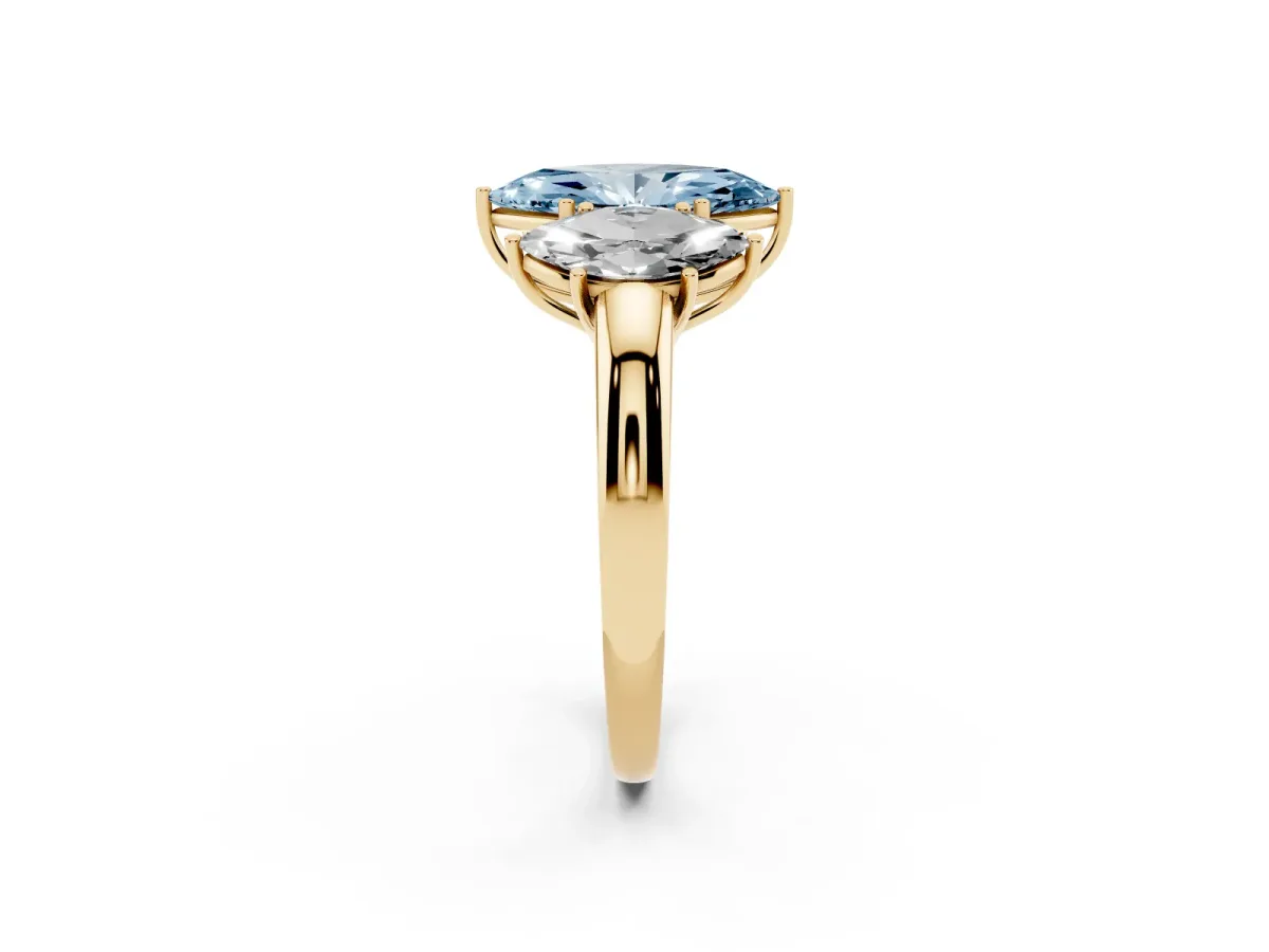 Fancy Blue Marquise Cut Diamond Three-Stone Ring with Four-Prong Setting and Classic Band Yellow gold