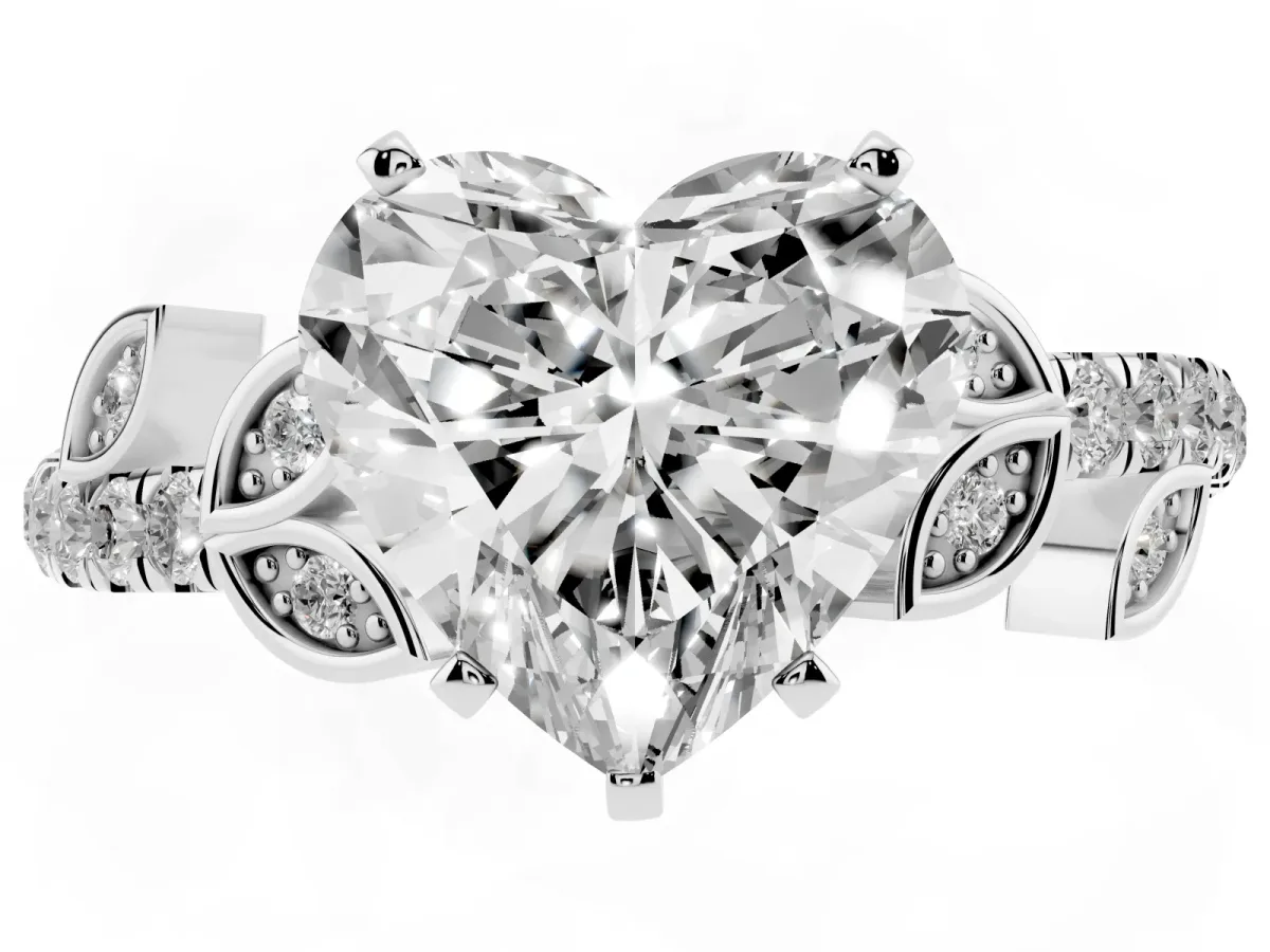 Heart Cut Solitaire Leaf-Inspired Diamond Ring with Pavé Band and Four-Prong Setting Silver
