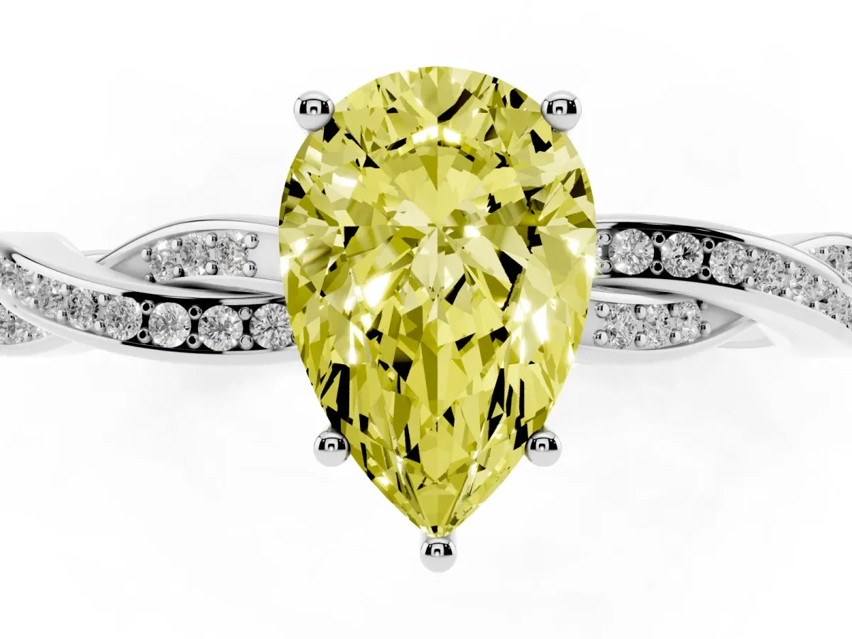 Fancy Yellow Pear Cut Solitaire Twisted Pave Diamond Ring with Four-Prong Setting Silver