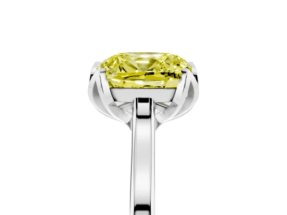 Fancy Yellow Cushion Cut Diamond Solitaire Ring with Flower Prong Setting and Classic Band Silver