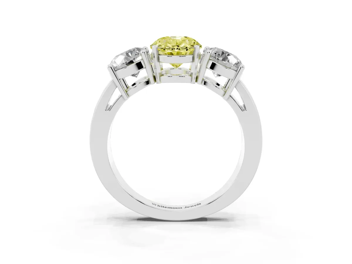 Fancy Yellow Three-Stone Oval Cut Diamond Ring with Round Side Stones, Classic Band, and Four-Prong Setting Silver