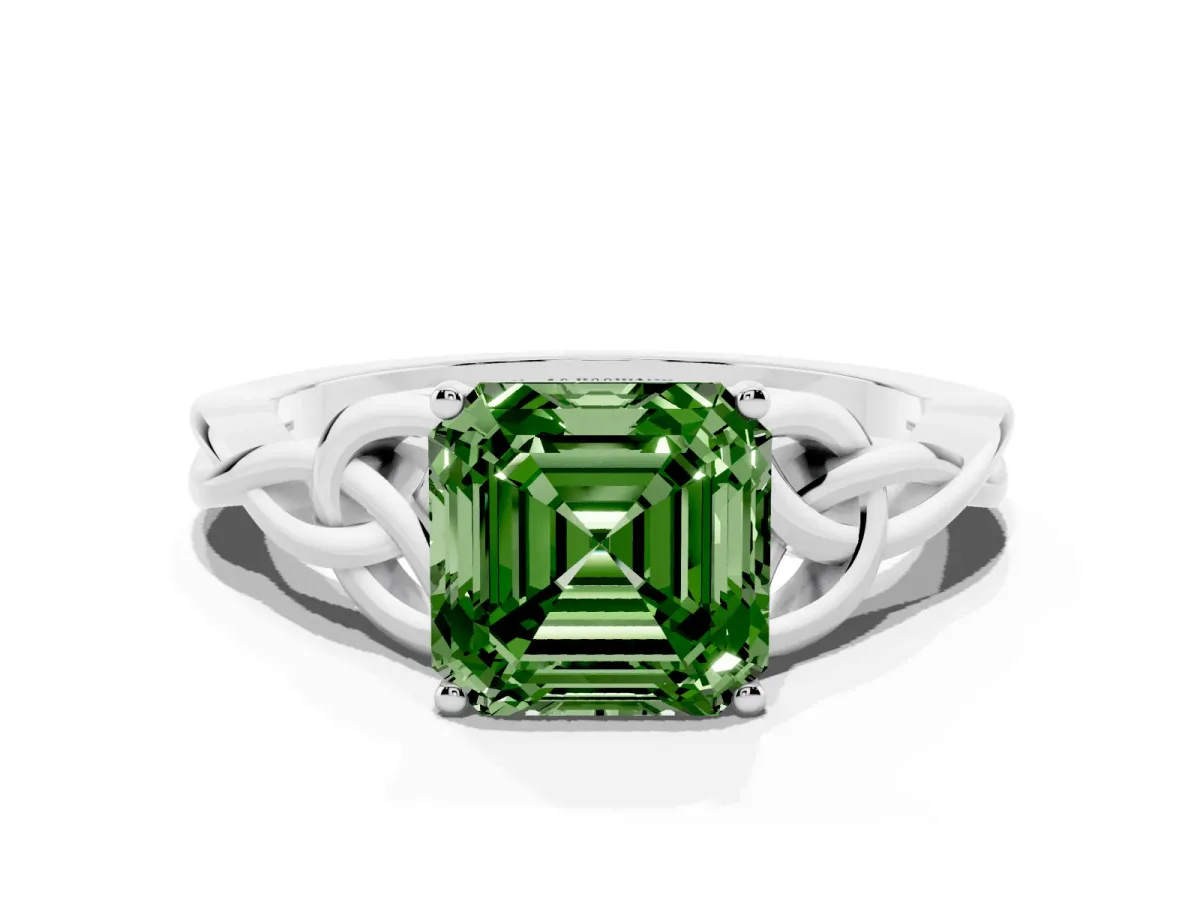 Fancy Green Asscher Cut Diamond Solitaire Engagement Ring with Celtic Knot Band and Four-Prong Setting Platinum