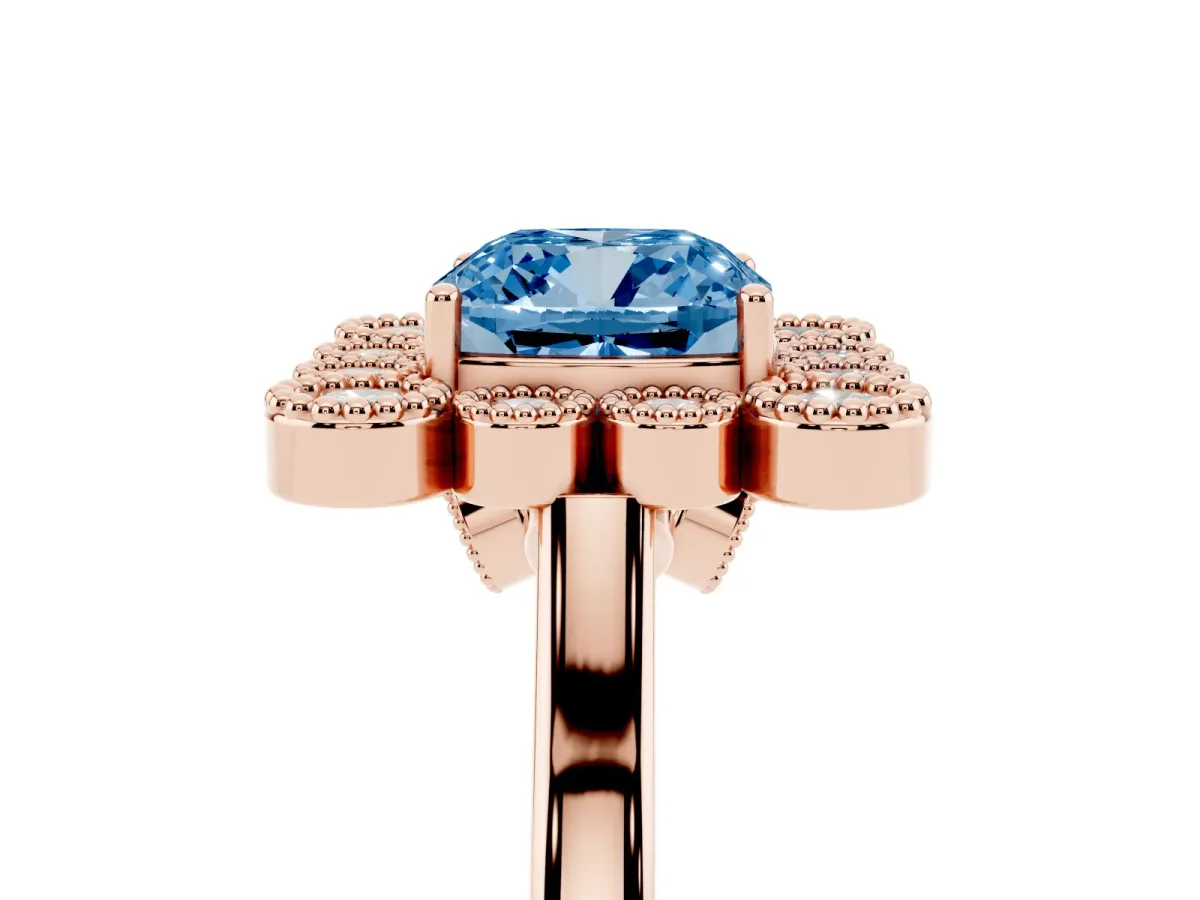 Fancy Blue Cushion Cut Halo Diamond Cluster Engagement Ring with Milgrain Bezel Setting and Solitaire Band Rose gold