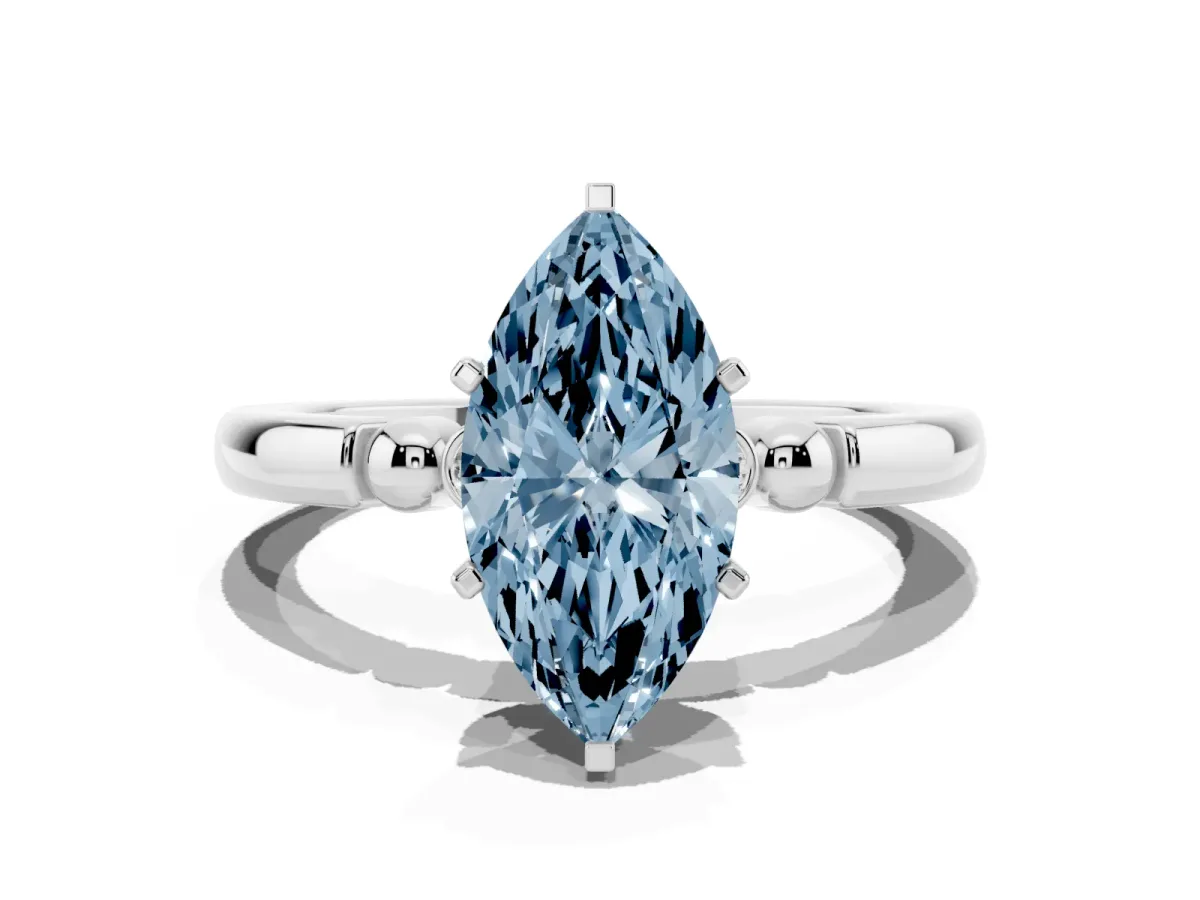 Fancy Blue Marquise Cut Solitaire Beaded Band with Four-Prong Setting Platinum