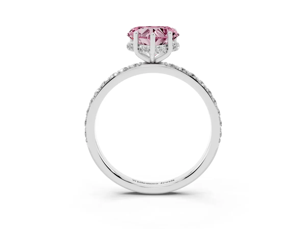 Fancy Pink Heart Cut Diamond Solitaire Ring with Pavé Band and Hidden Halo Platinum
