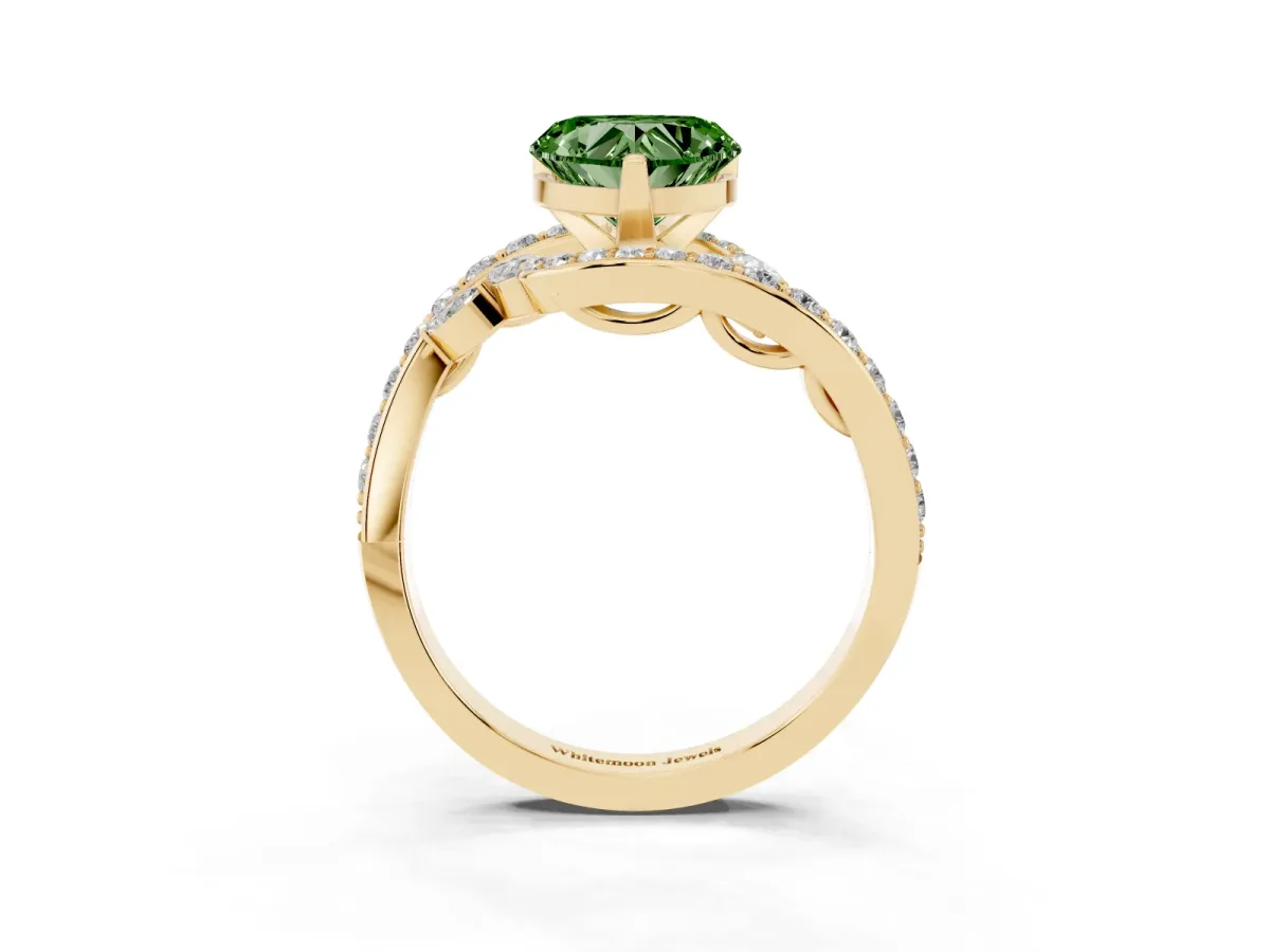 Fancy Green Heart Cut Solitaire with Pavé Twist Band and Four-Prong Setting Yellow gold