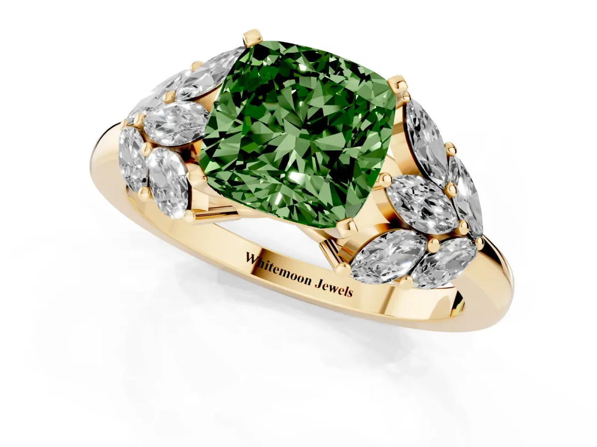 Fancy Green Cushion Cut Diamond Cluster Leaf Design Ring with Prong Setting Yellow gold