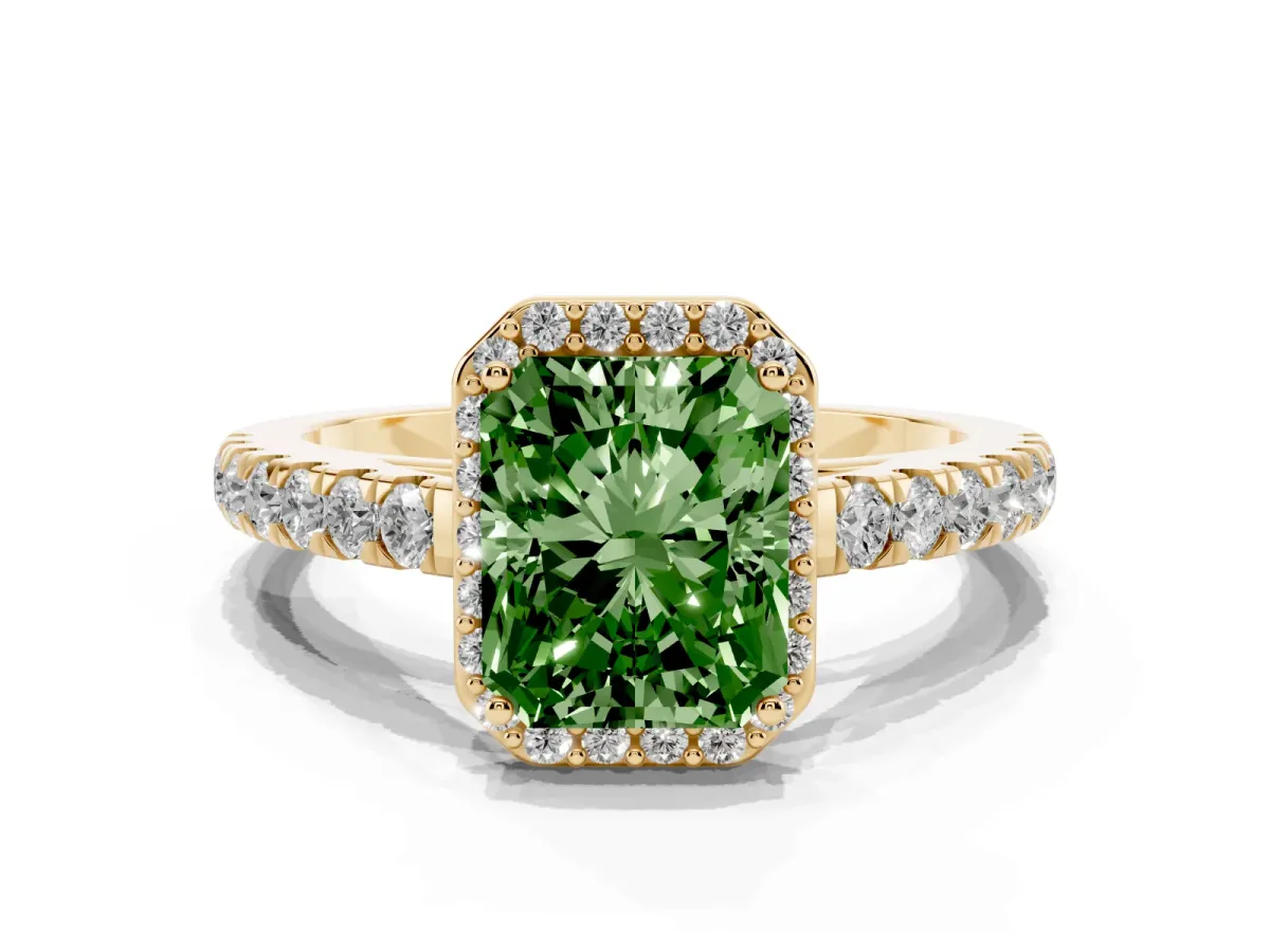 Fancy Green Radiant Cut Cut Halo Diamond Engagement Ring with Pave Band and Four-Prong Setting Yellow gold