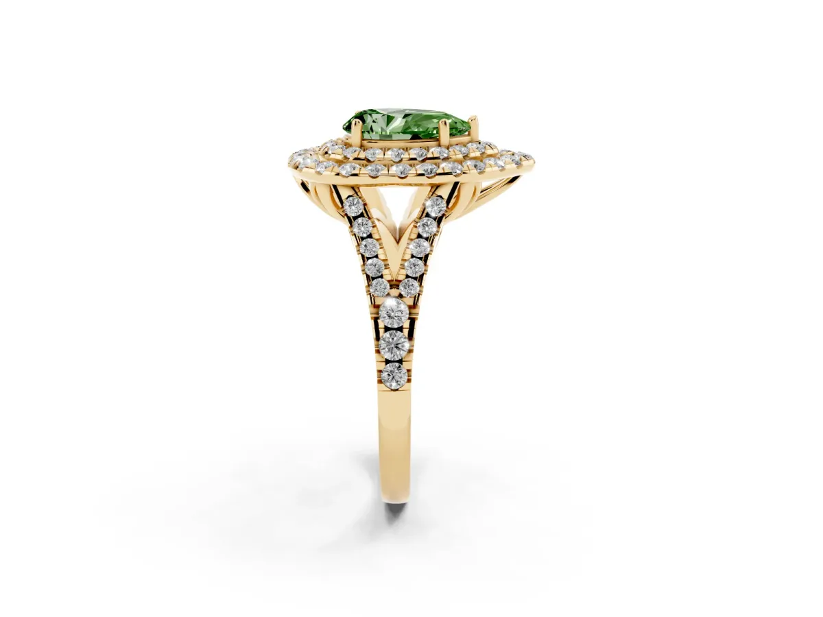 Fancy Green Double Halo Pear Cut Diamond Pavé Split Shank Ring with Prong Setting Yellow gold