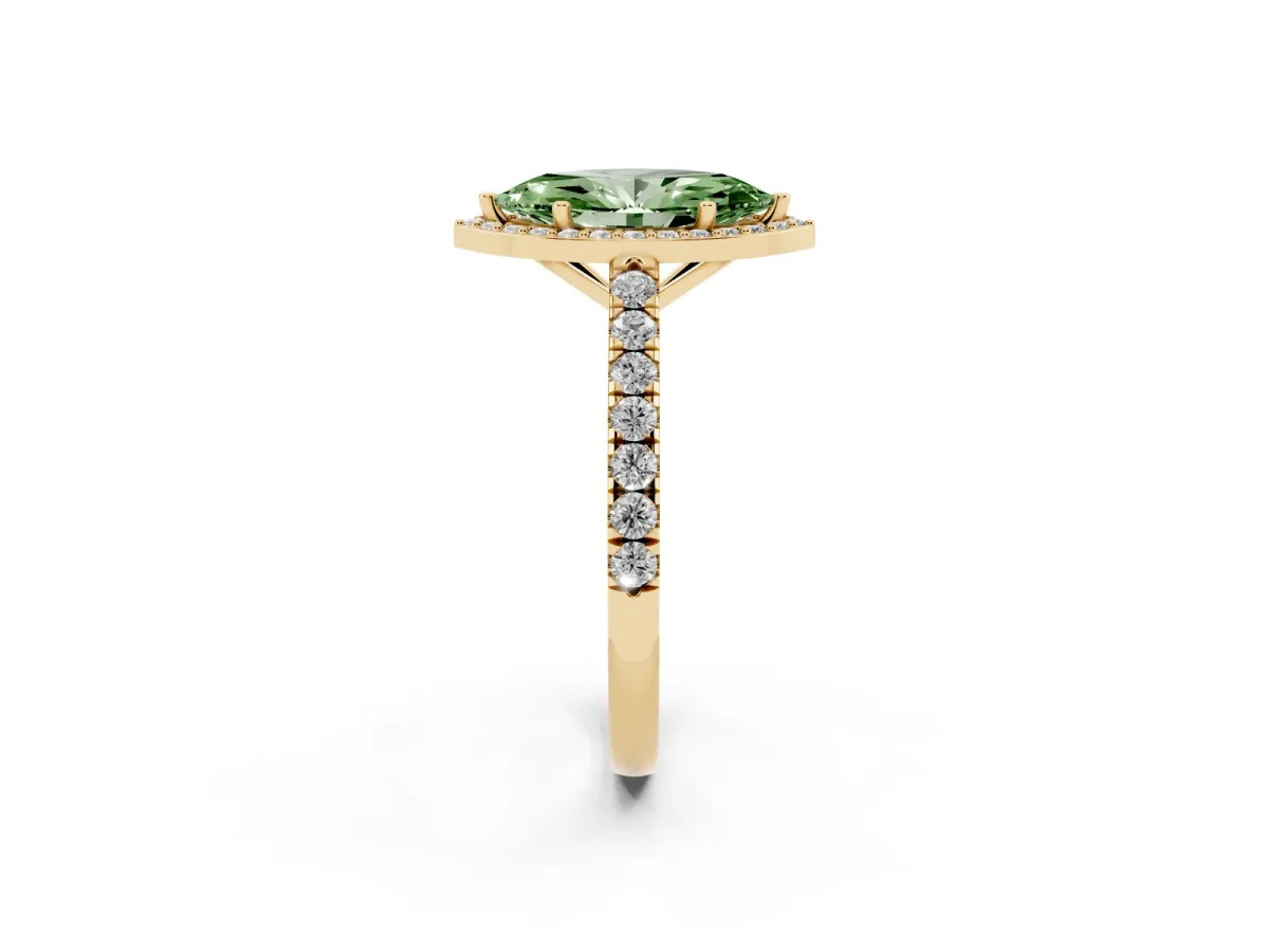 Fancy Green Marquise Cut Cut Halo Diamond Engagement Ring with Pave Band and Four-Prong Setting Yellow gold