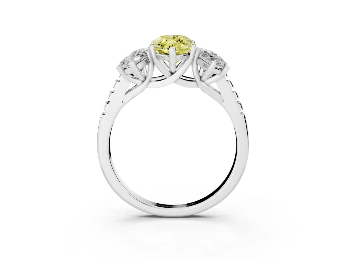 Fancy Yellow Three-Stone Marquise Cut Diamond Ring with Round Pavé Band and Prong Setting Silver