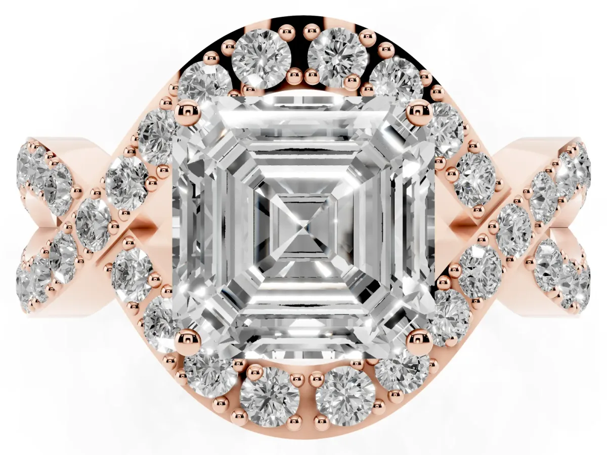 Asscher Cut Solitaire Twist Band Pavé Diamond Engagement Ring Rose gold