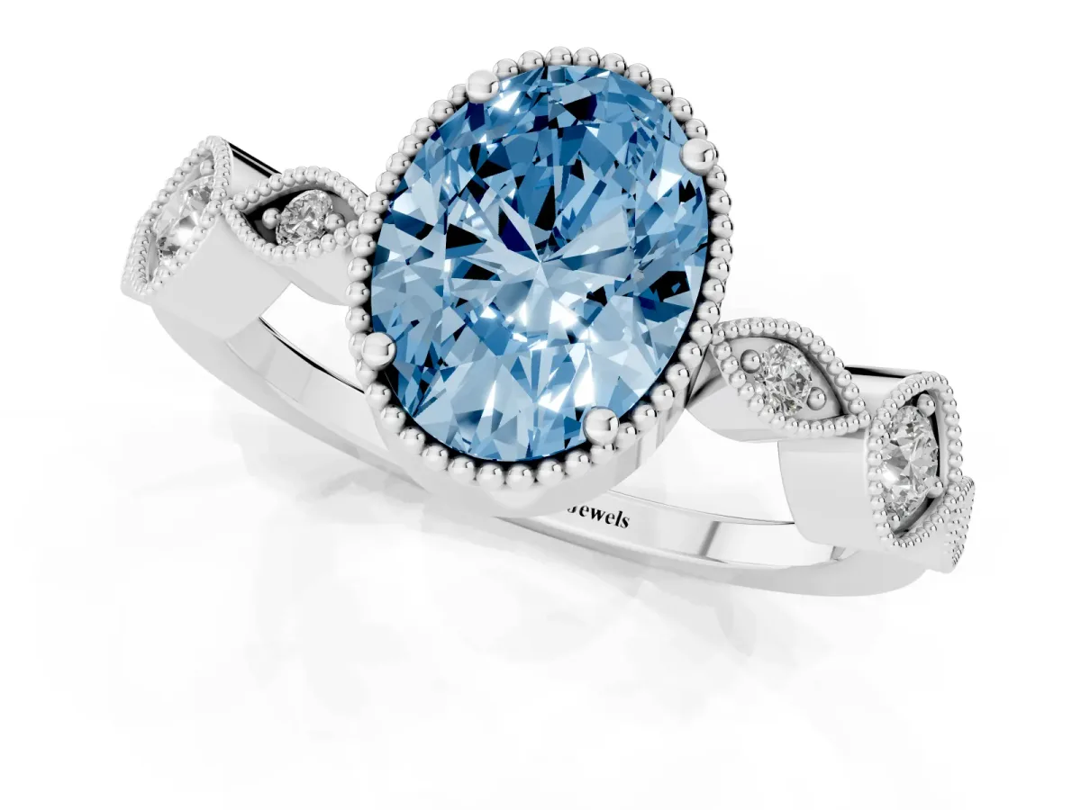Fancy Blue Oval Cut Diamond Vintage Milgrain Ring with Round Stations Platinum