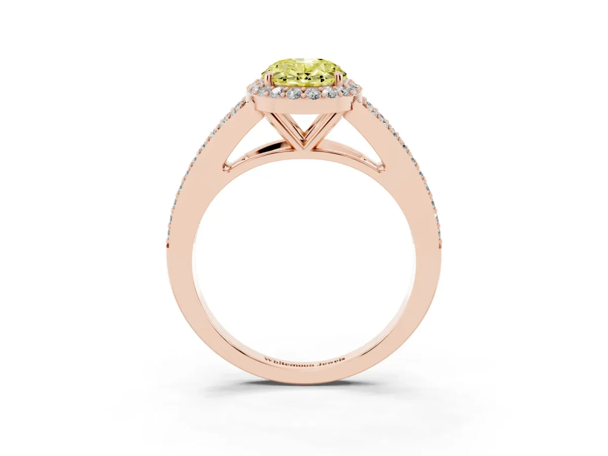 Fancy Yellow Oval Cut Halo Split Shank Diamond Ring with Prong Setting Rose gold