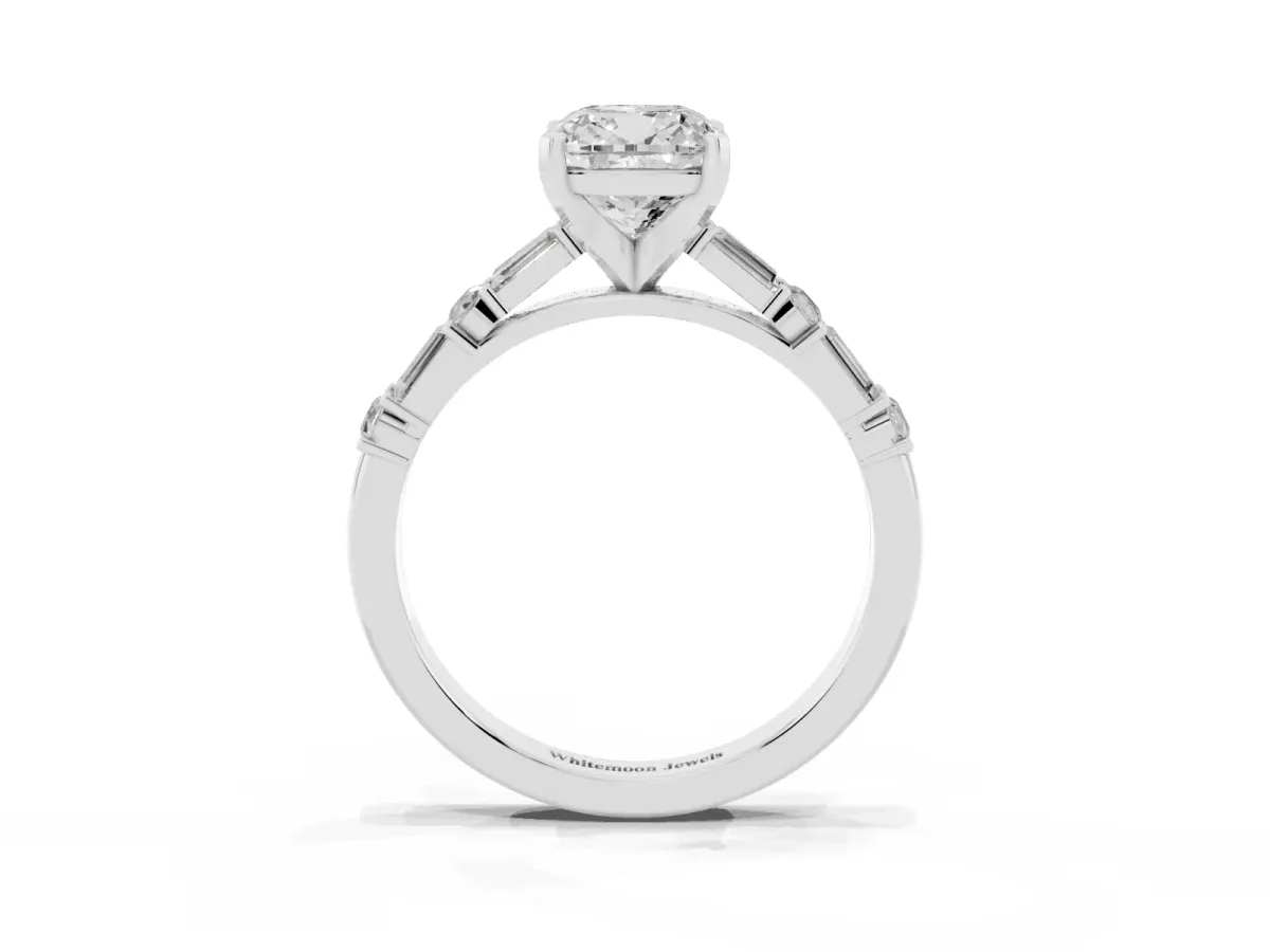 Cushion Cut Diamond Solitaire with Side Baguettes and Channel Set Band Platinum