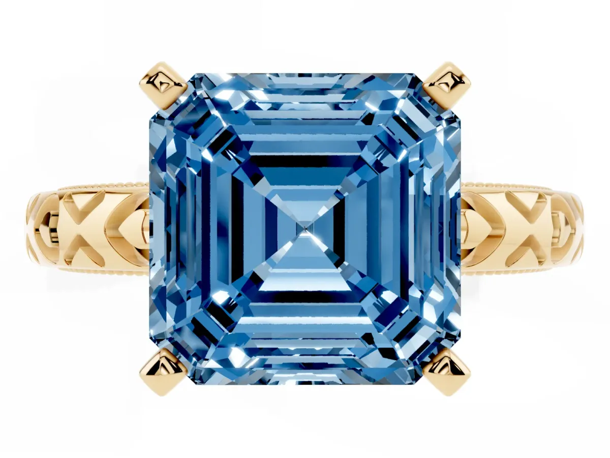 Fancy Blue Asscher Cut Solitaire Diamond Engagement Ring with XO Engraved Band and Four-Prong Setting Yellow gold