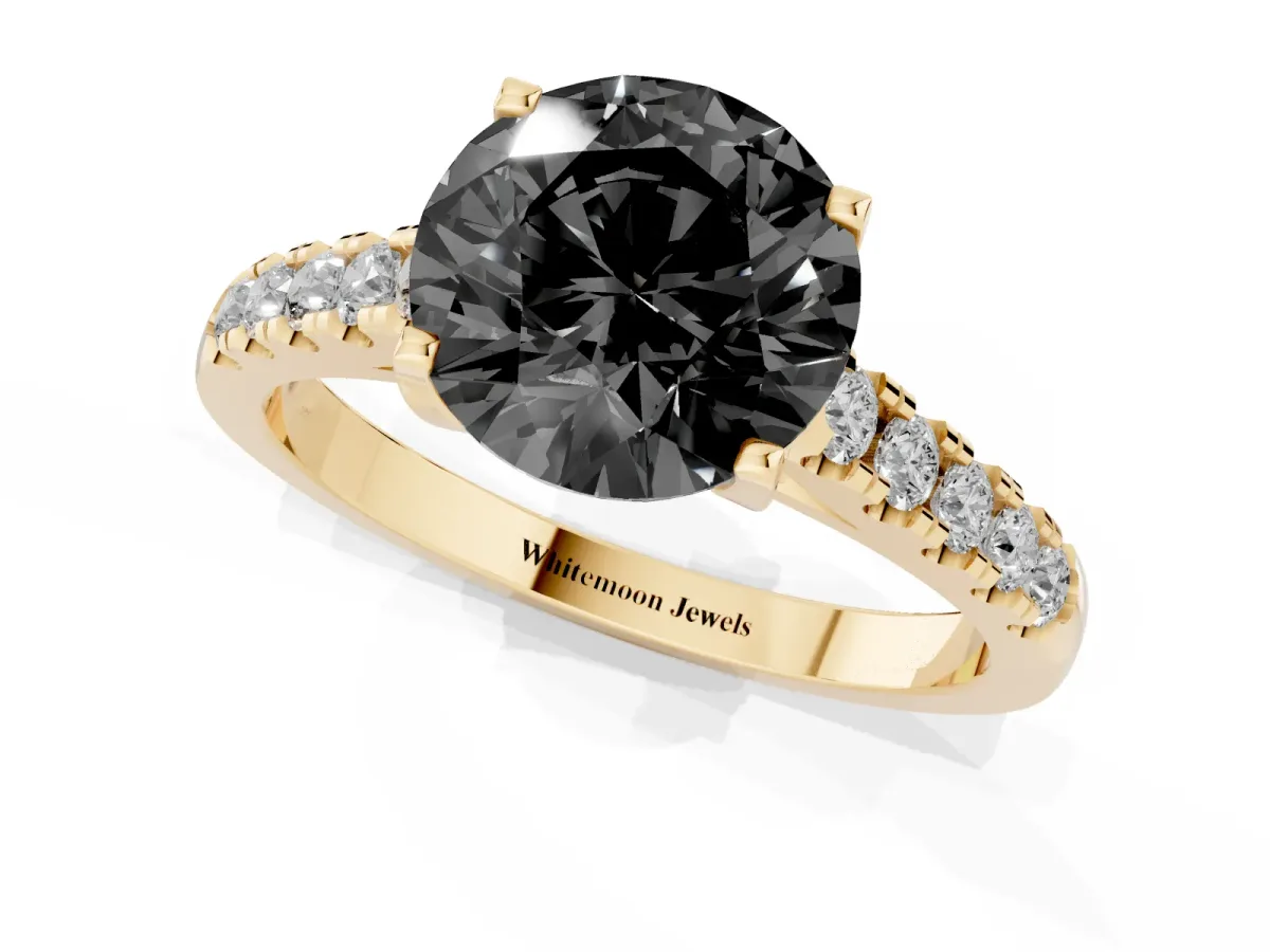 Fancy Black Round Cut Diamond Pavé Band Solitaire Ring with Prong Setting Yellow gold