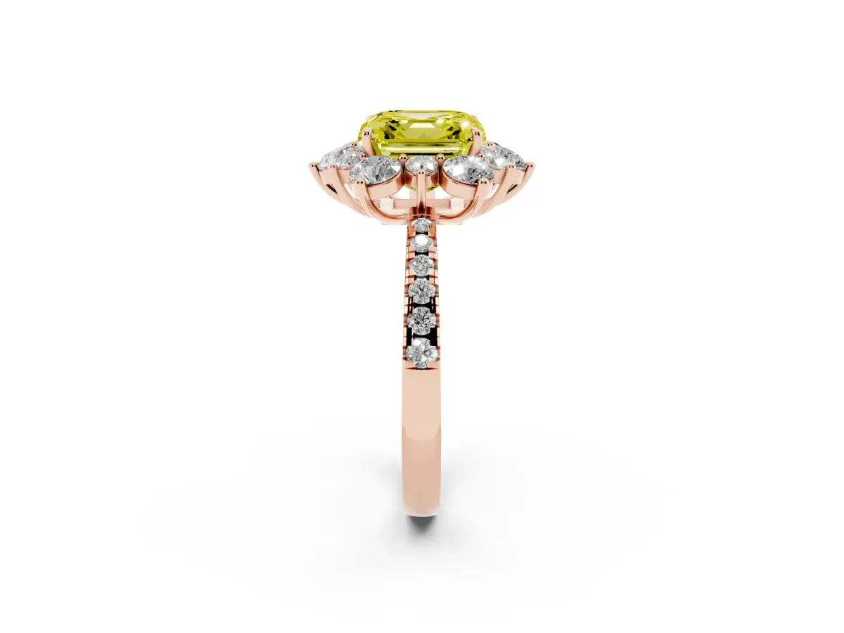 Fancy Yellow Asscher Cut Diamond Floral Halo Ring with Round Pavé Band and Prong Setting Rose gold