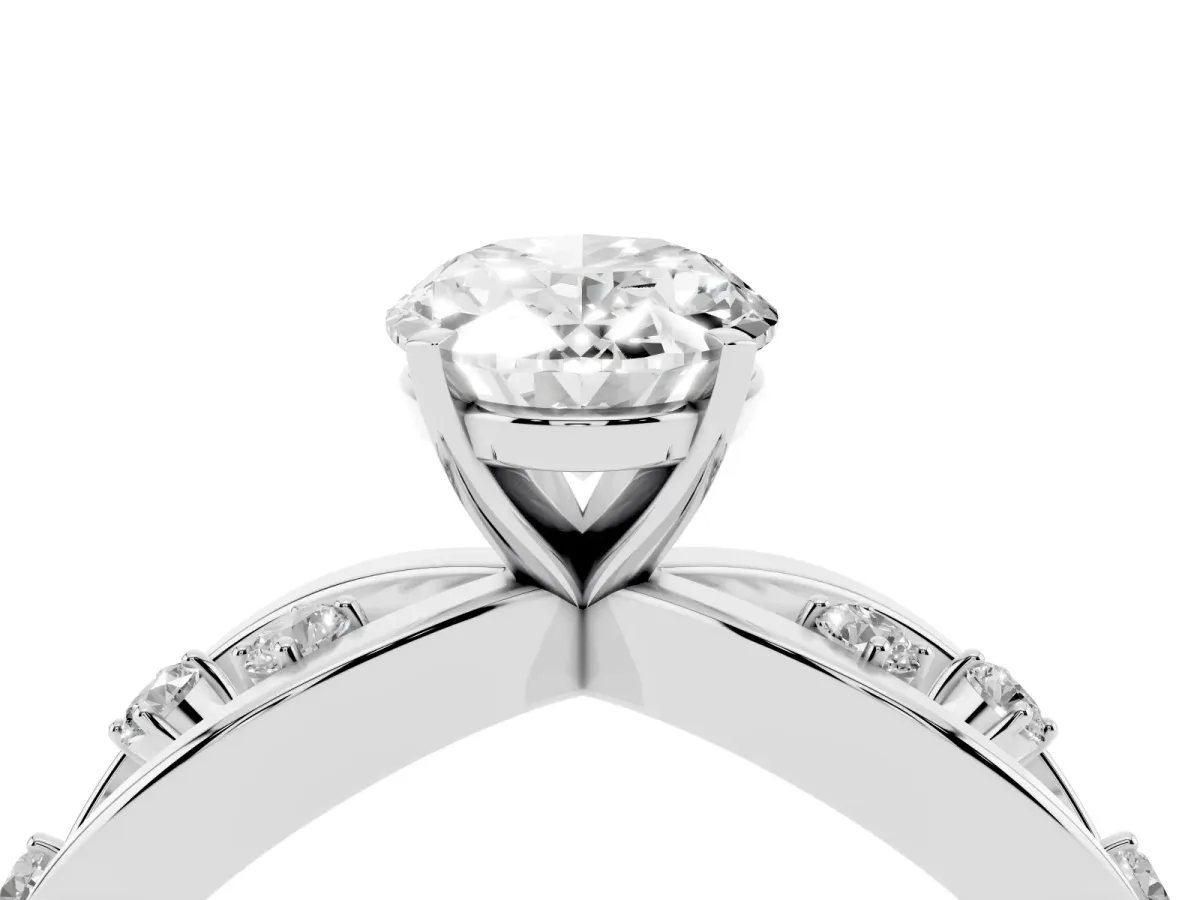 Oval Cut Cut Solitaire Diamond with Side Stones on Criss-Cross Band and Four-Prong Setting Silver