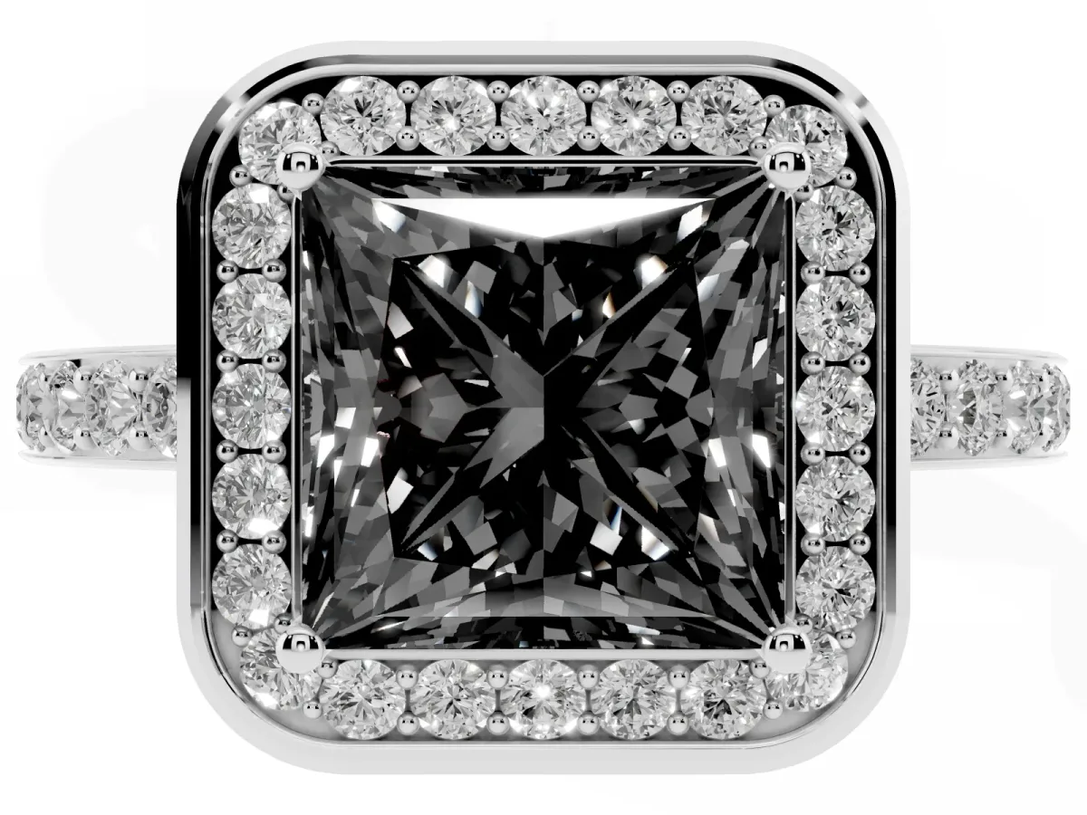 Fancy Black Princess Cut Diamond Halo Ring with Bezel Frame and Pavé Band Silver
