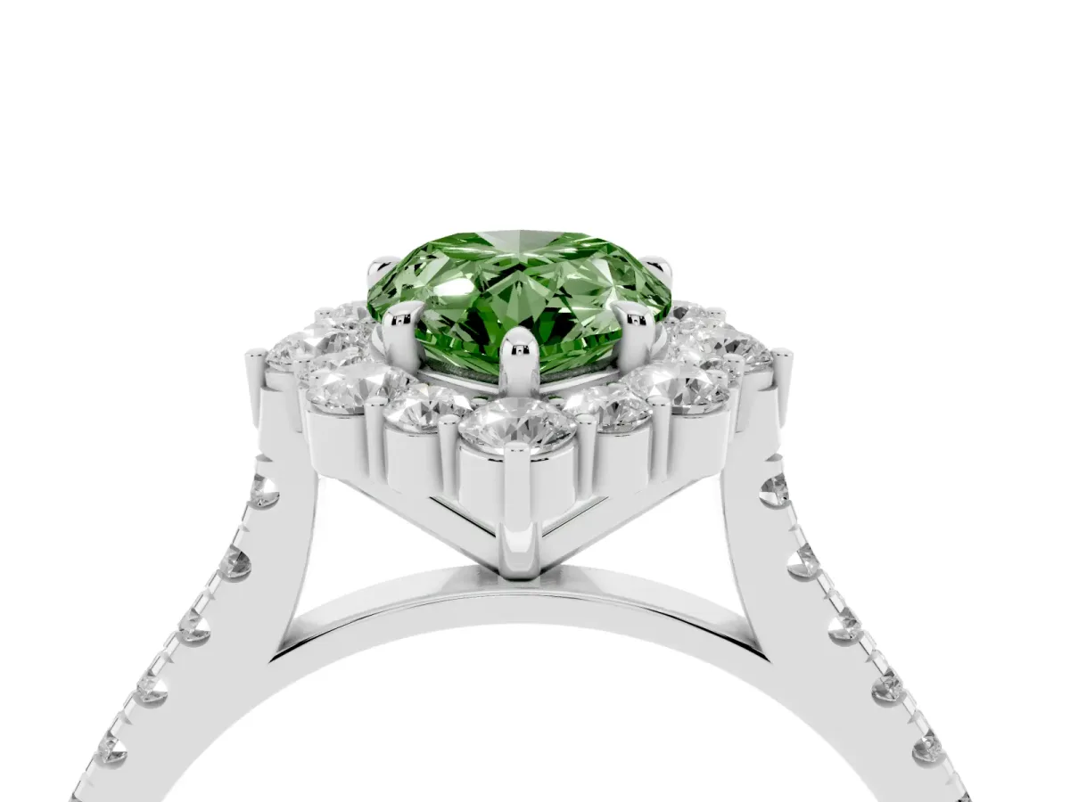 Fancy Green Pear Cut Halo Diamond Ring with Pavé Band and Prong Setting Silver