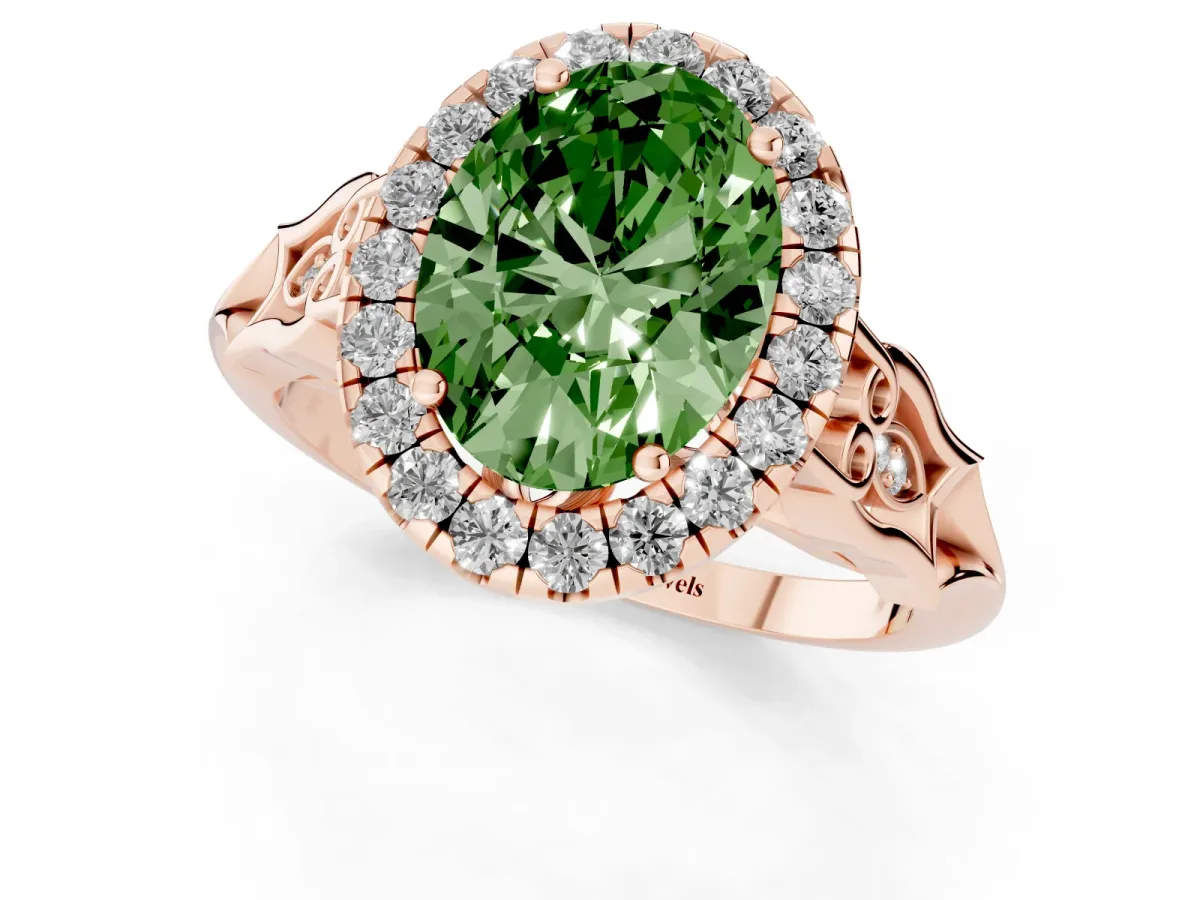 Fancy Green Oval Cut Halo Diamond Engagement Ring with Filigree Band and Four-Prong Setting Rose gold
