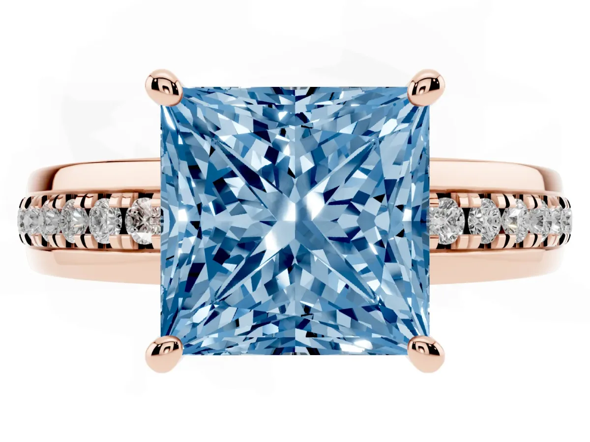 Fancy Blue Princess Cut Solitaire Diamond Ring with Channel Set Band and Six-Prong Setting Rose gold