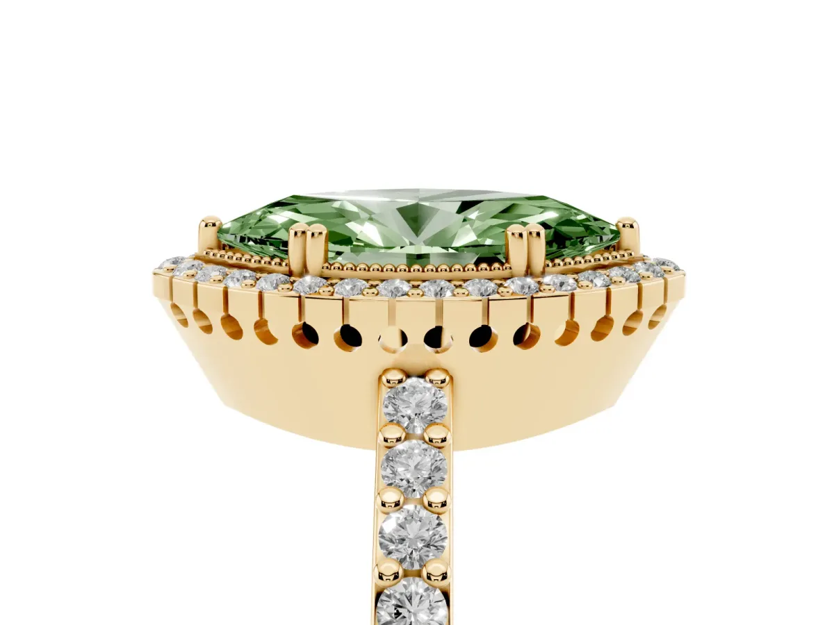 Fancy Green Marquise Cut Cut Diamond Halo Engagement Ring with Milgrain Detail and Pavé Band Yellow gold