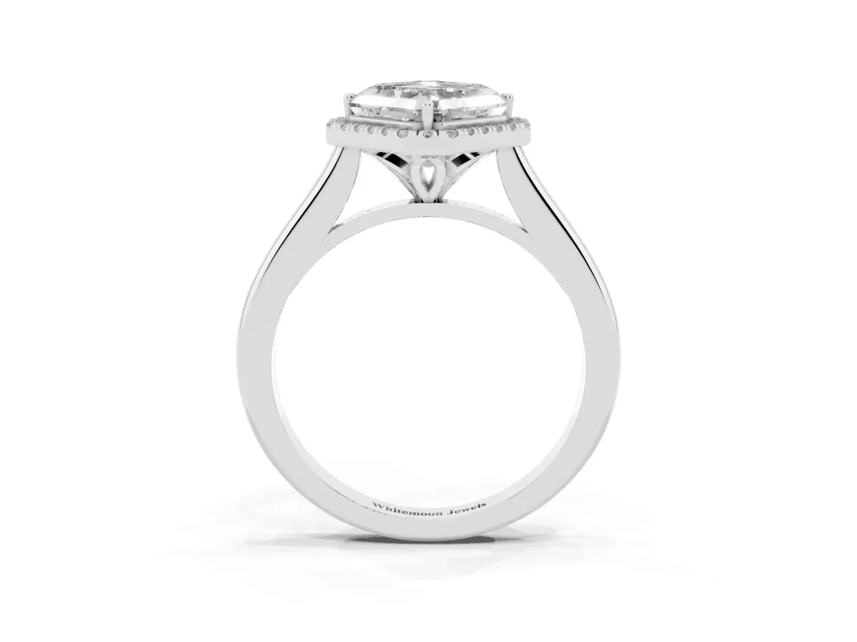 Asscher Cut Halo Round Diamond Solitaire Engagement Ring with Pave Band and Four-Prong Setting Platinum