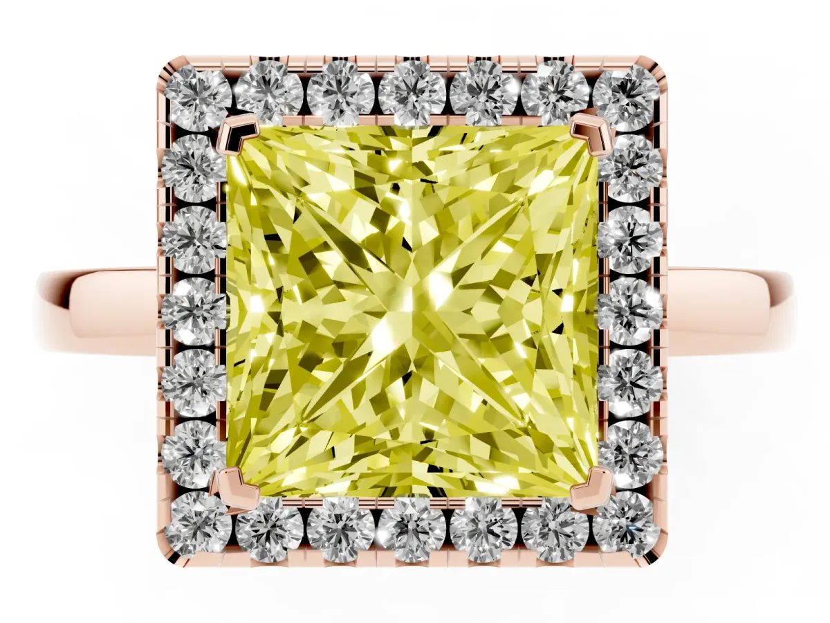 Fancy Yellow Princess Cut Halo Diamond Solitaire with Pavé Band and Four-Prong Setting Rose gold