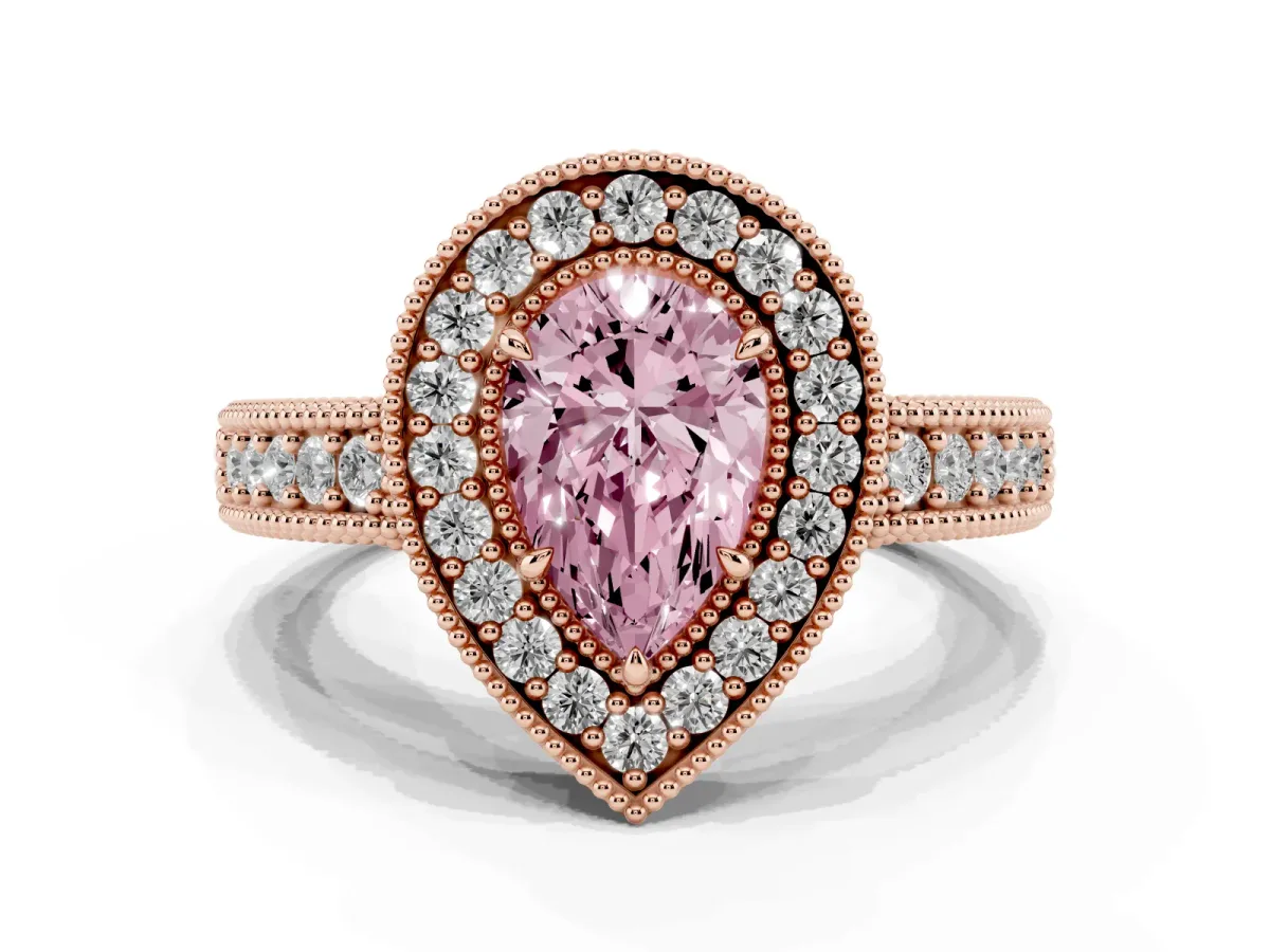 Fancy Pink Pear Cut Cut Halo Diamond Ring with Pavé Band and Four-Prong Setting Rose gold